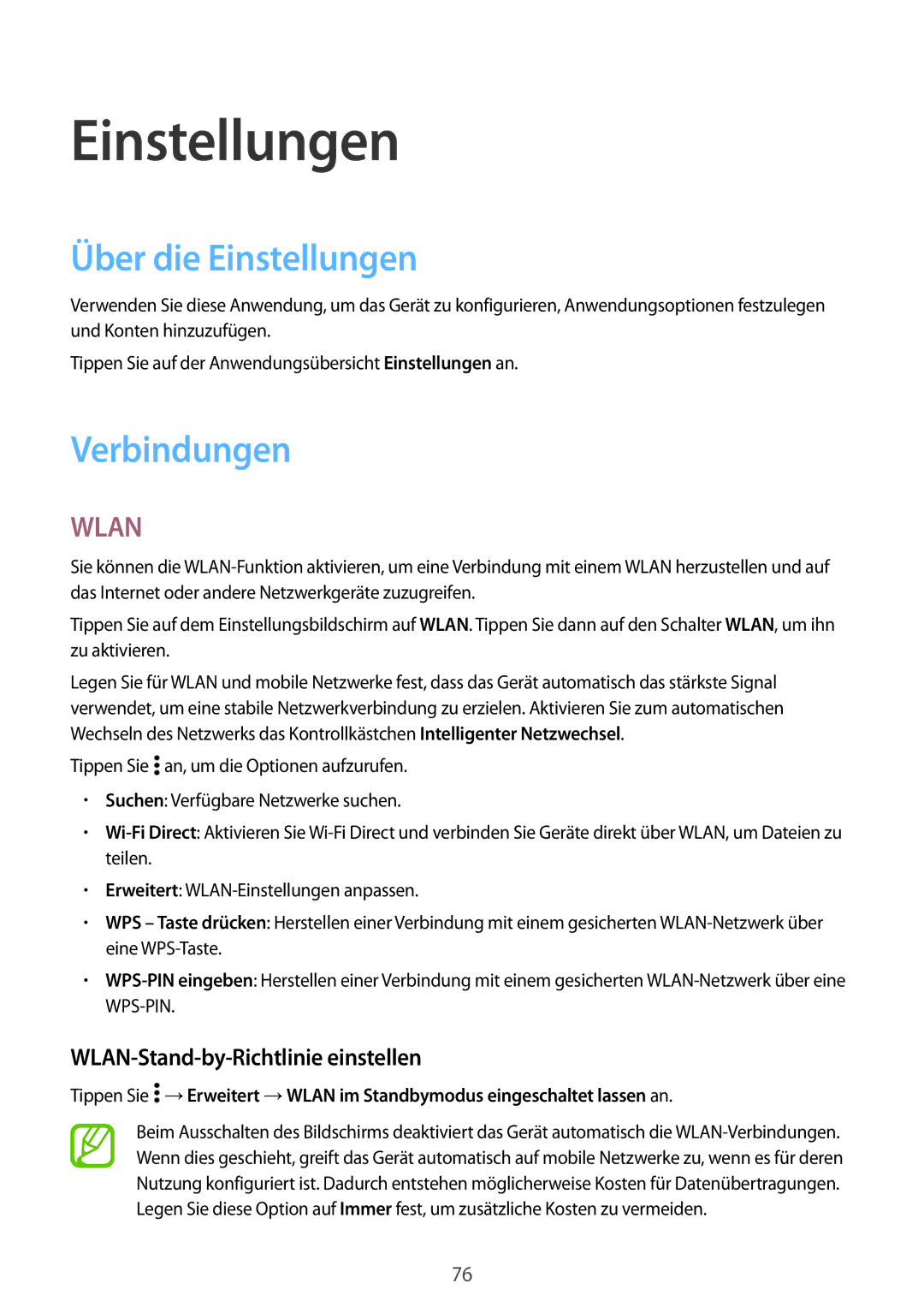 Samsung SM-G531FZAAPRT, SM-G531FZWAMEO manual Über die Einstellungen, Verbindungen, WLAN-Stand-by-Richtlinie einstellen 