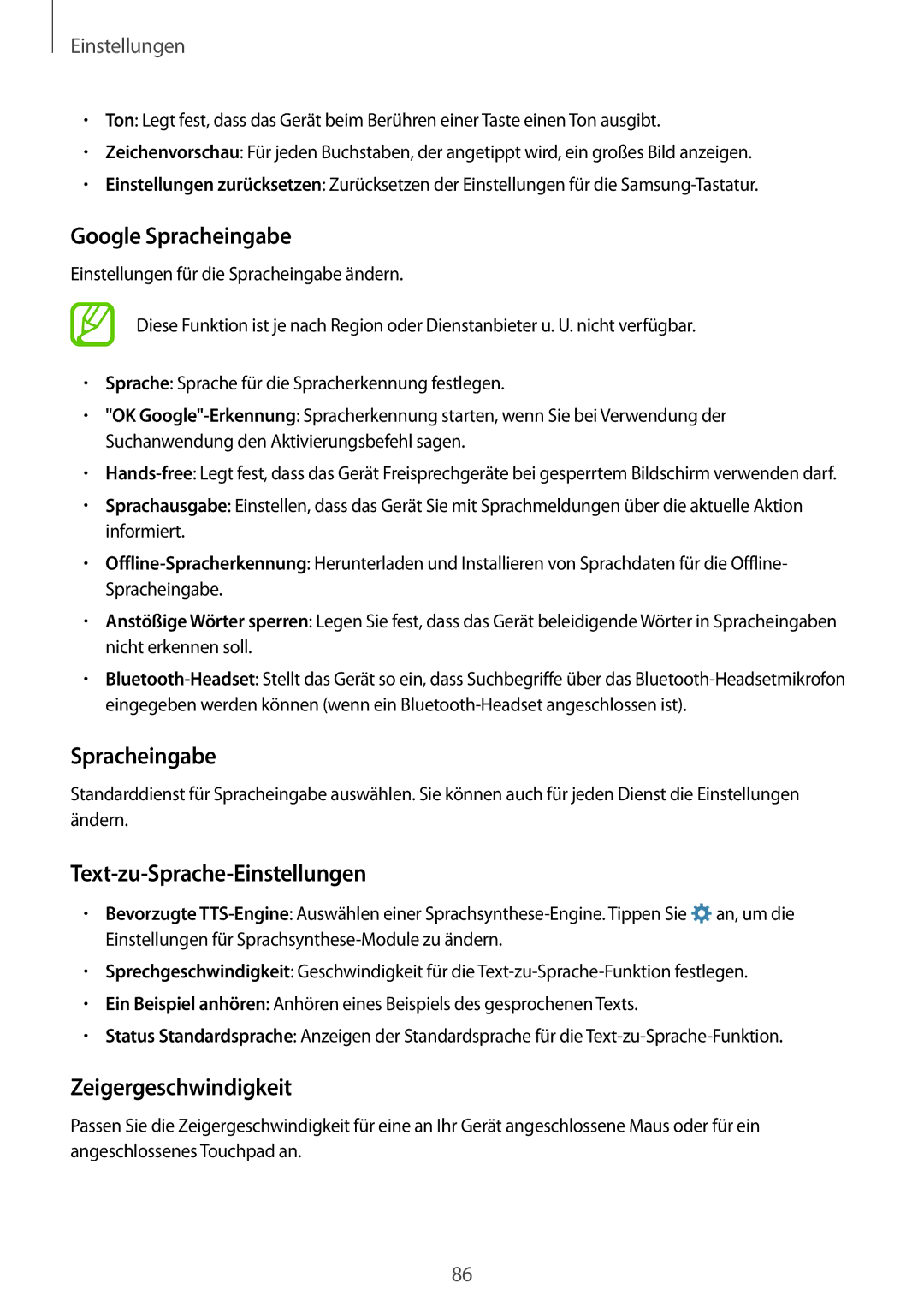 Samsung SM-G531FZWAXEF, SM-G531FZWAMEO manual Google Spracheingabe, Text-zu-Sprache-Einstellungen, Zeigergeschwindigkeit 