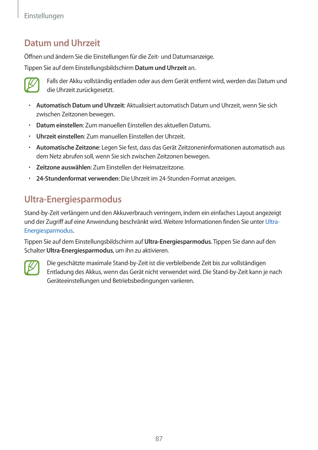 Samsung SM-G531FZAAXEF, SM-G531FZWAMEO, SM-G531FZWACOS, SM-G531FZAATCL manual Datum und Uhrzeit, Ultra-Energiesparmodus 