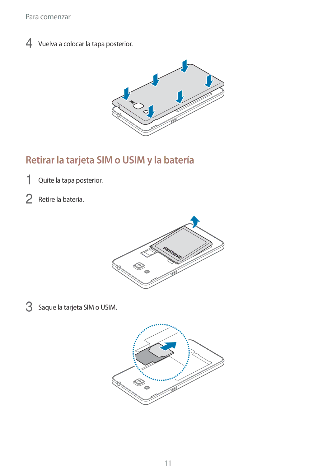 Samsung SM-G531FZDAPHE, SM-G531FZWAPHE manual Retirar la tarjeta SIM o Usim y la batería 