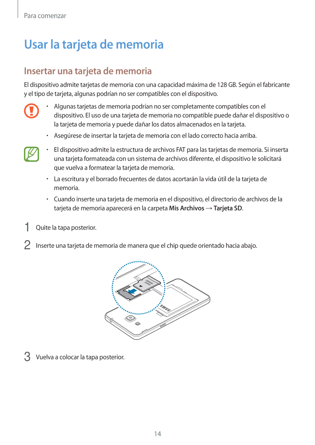 Samsung SM-G531FZWAPHE, SM-G531FZDAPHE manual Usar la tarjeta de memoria, Insertar una tarjeta de memoria 