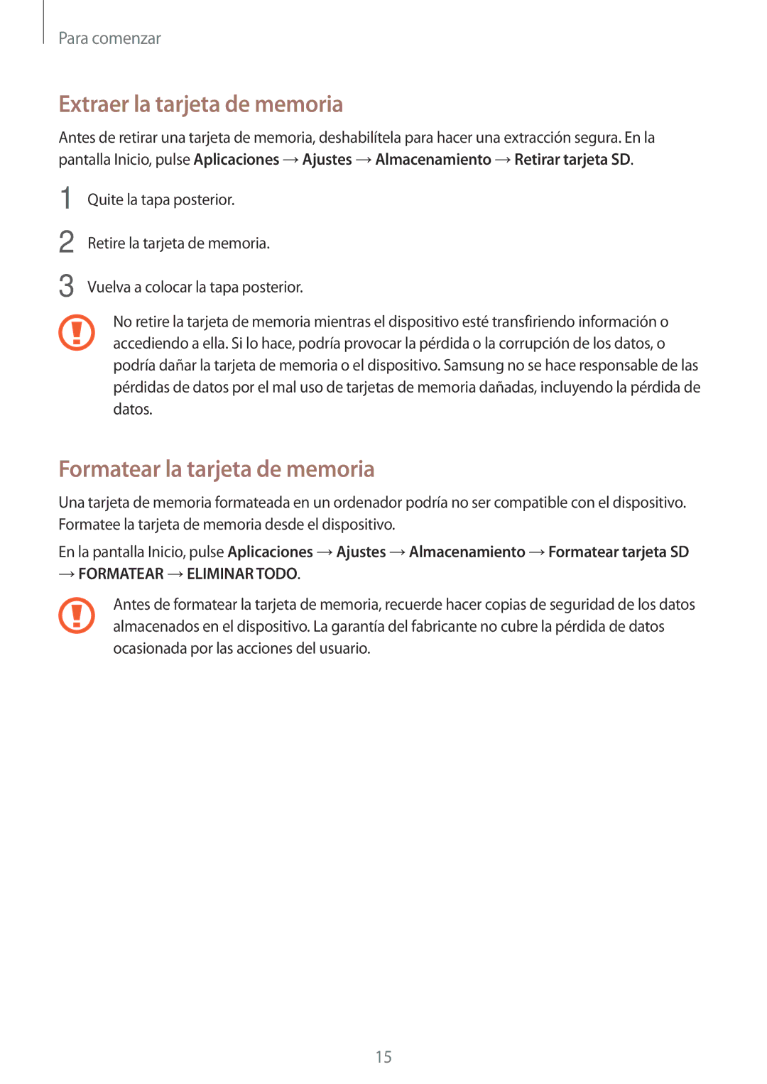 Samsung SM-G531FZDAPHE, SM-G531FZWAPHE manual Extraer la tarjeta de memoria, Formatear la tarjeta de memoria 