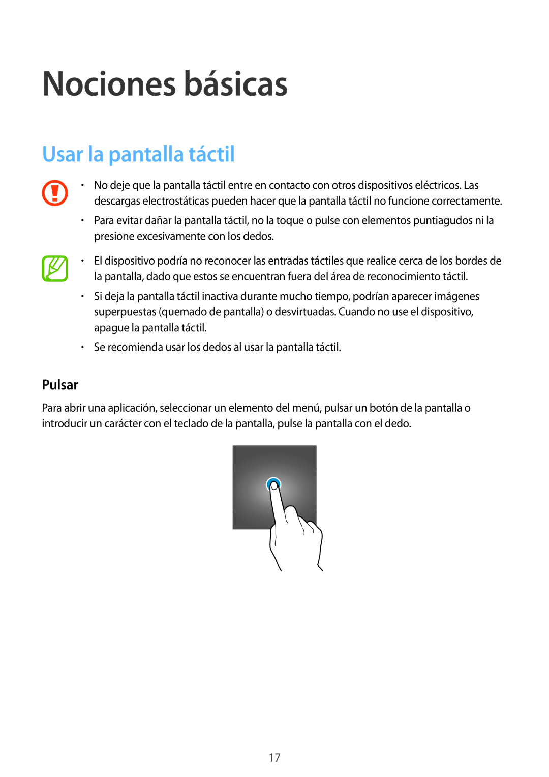 Samsung SM-G531FZDAPHE, SM-G531FZWAPHE manual Nociones básicas, Usar la pantalla táctil, Pulsar 