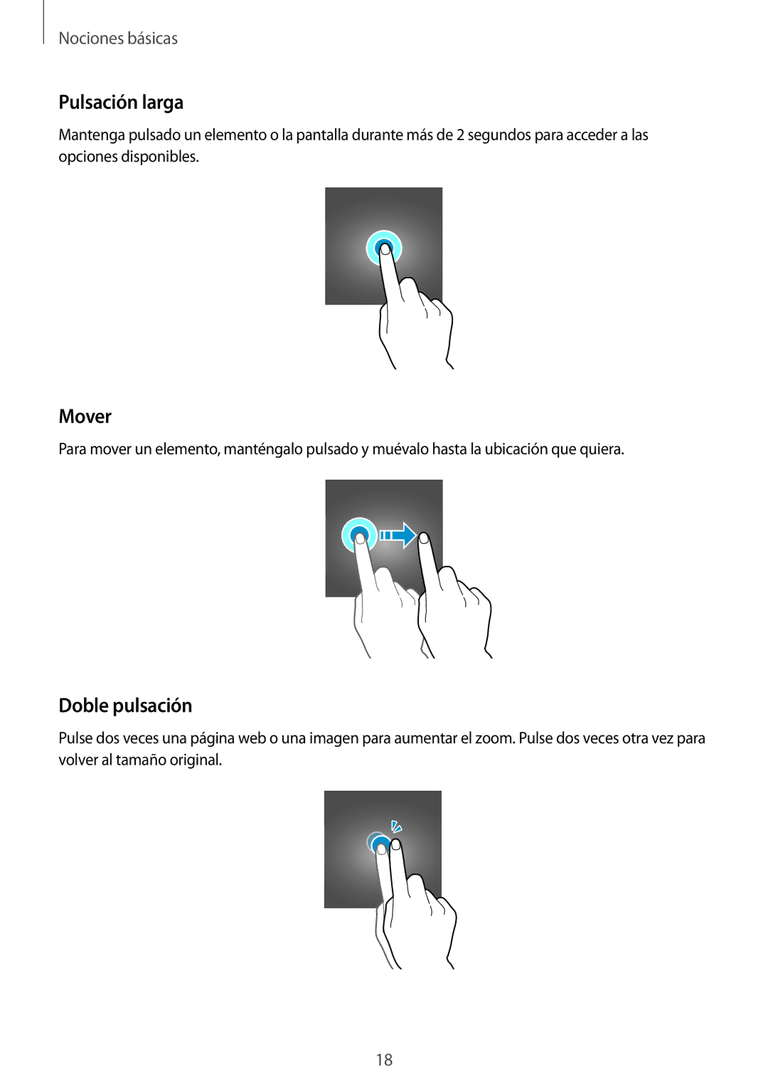 Samsung SM-G531FZWAPHE, SM-G531FZDAPHE manual Pulsación larga, Mover, Doble pulsación 