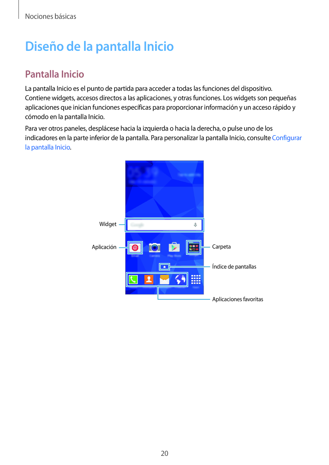 Samsung SM-G531FZWAPHE, SM-G531FZDAPHE manual Diseño de la pantalla Inicio, Pantalla Inicio 