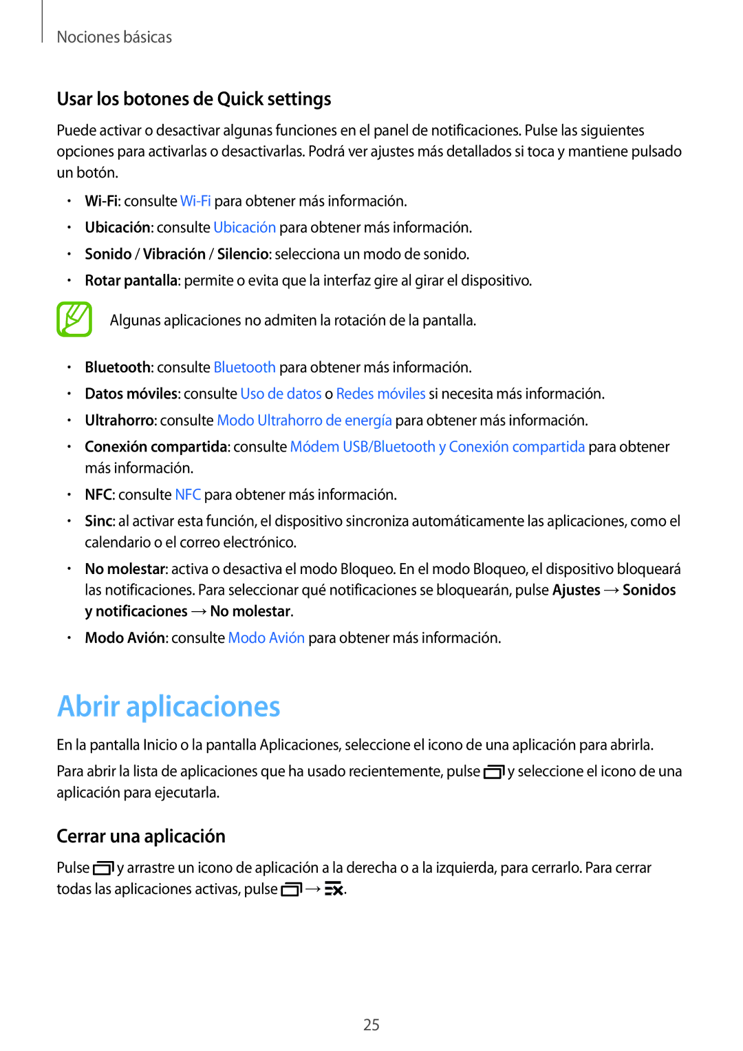 Samsung SM-G531FZDAPHE, SM-G531FZWAPHE manual Abrir aplicaciones, Usar los botones de Quick settings, Cerrar una aplicación 