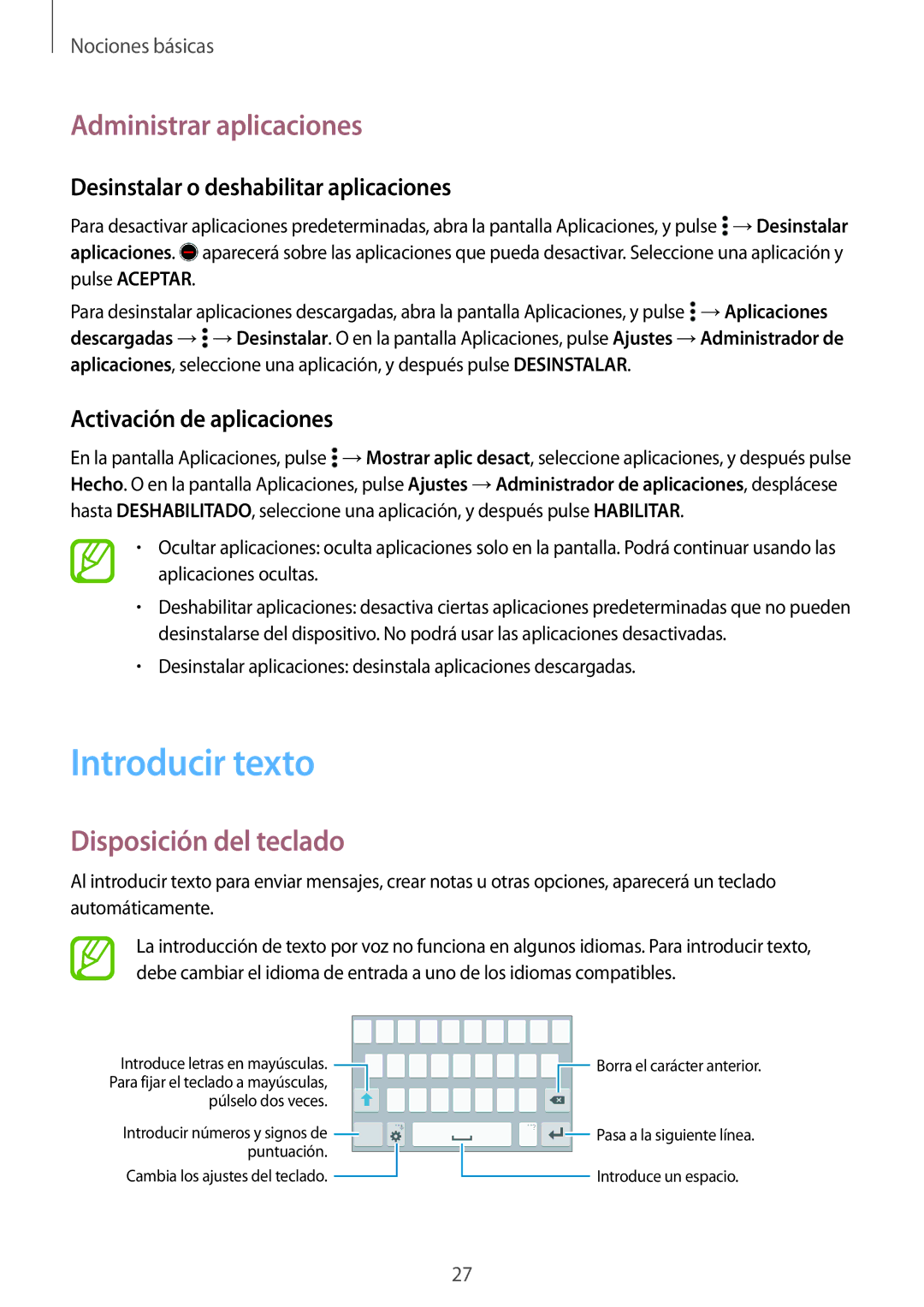 Samsung SM-G531FZDAPHE Introducir texto, Administrar aplicaciones, Disposición del teclado, Activación de aplicaciones 