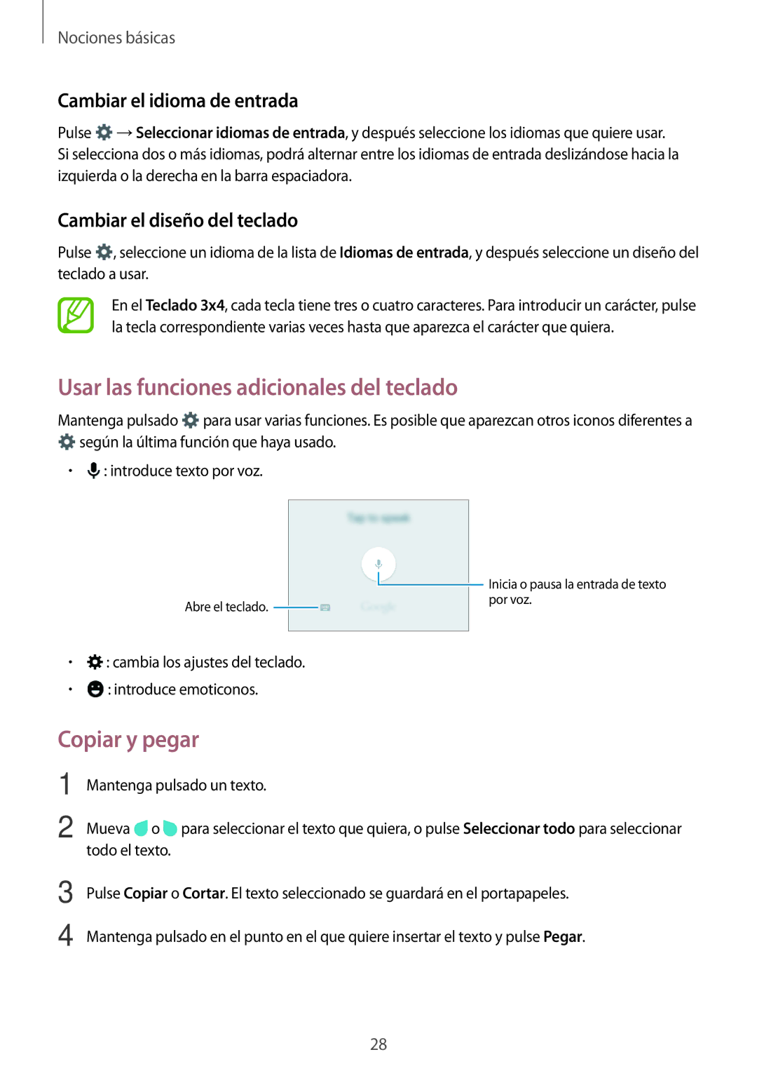 Samsung SM-G531FZWAPHE manual Usar las funciones adicionales del teclado, Copiar y pegar, Cambiar el idioma de entrada 