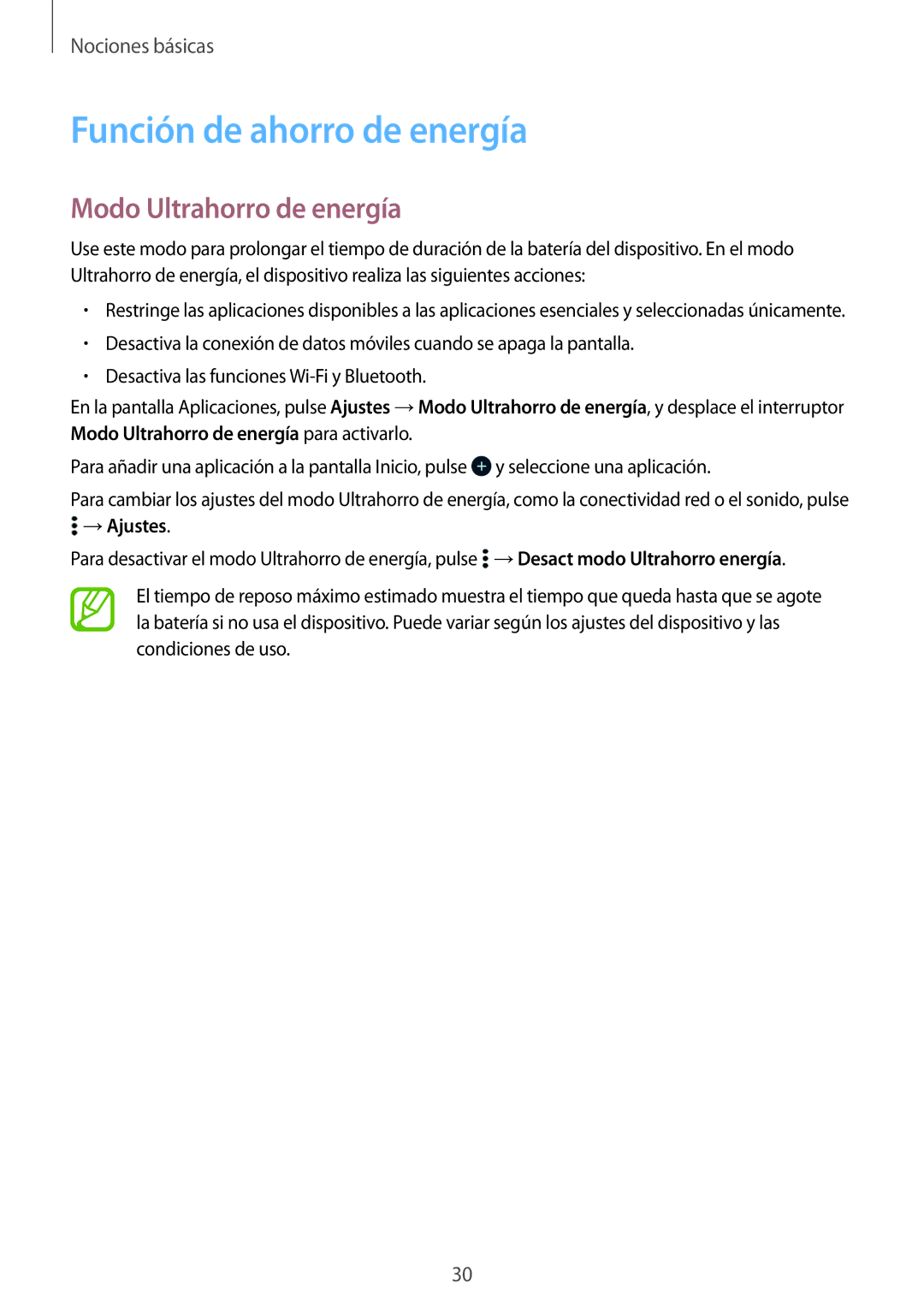 Samsung SM-G531FZWAPHE, SM-G531FZDAPHE manual Función de ahorro de energía, Modo Ultrahorro de energía 