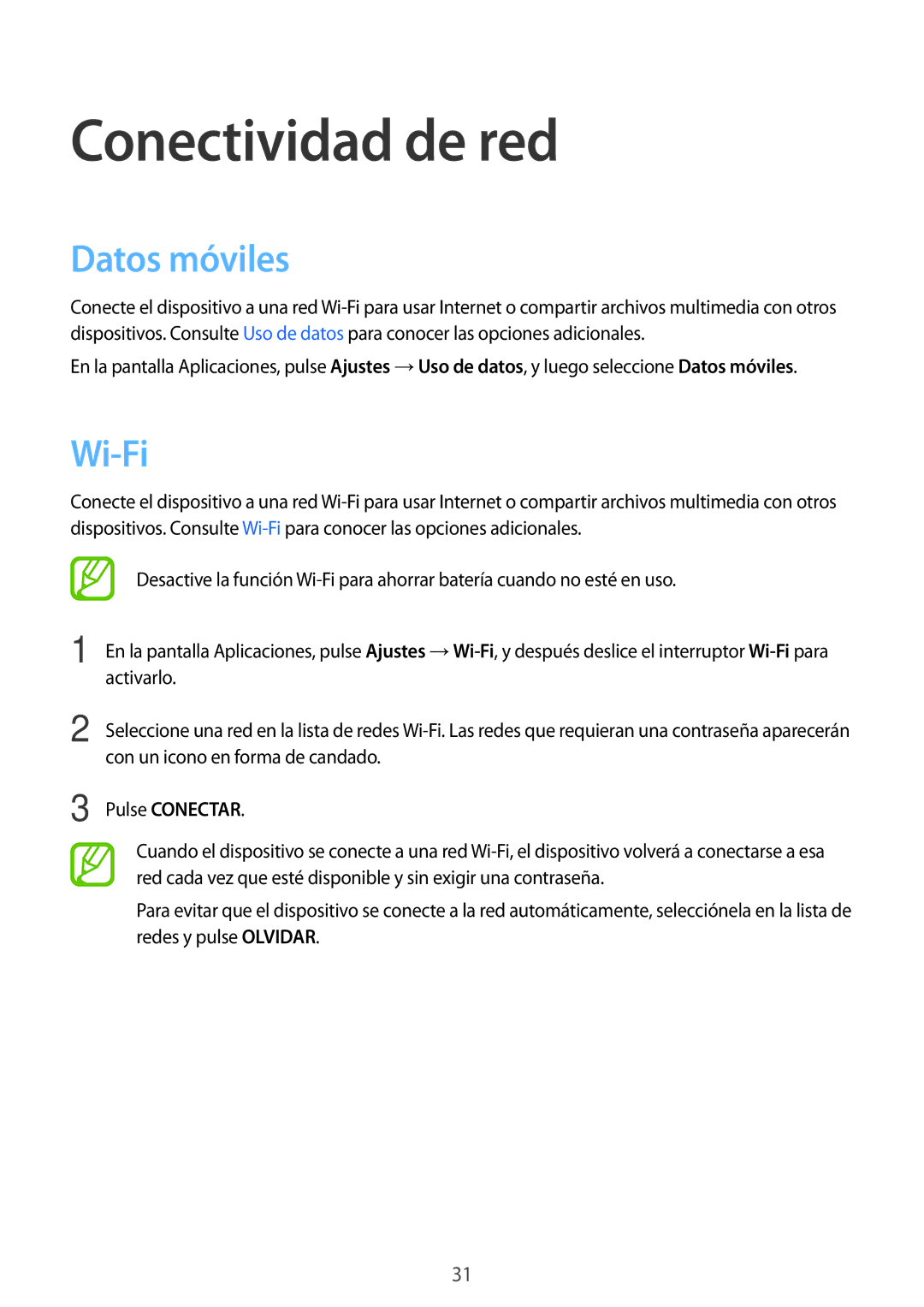 Samsung SM-G531FZDAPHE, SM-G531FZWAPHE manual Conectividad de red, Datos móviles, Wi-Fi, Pulse Conectar 