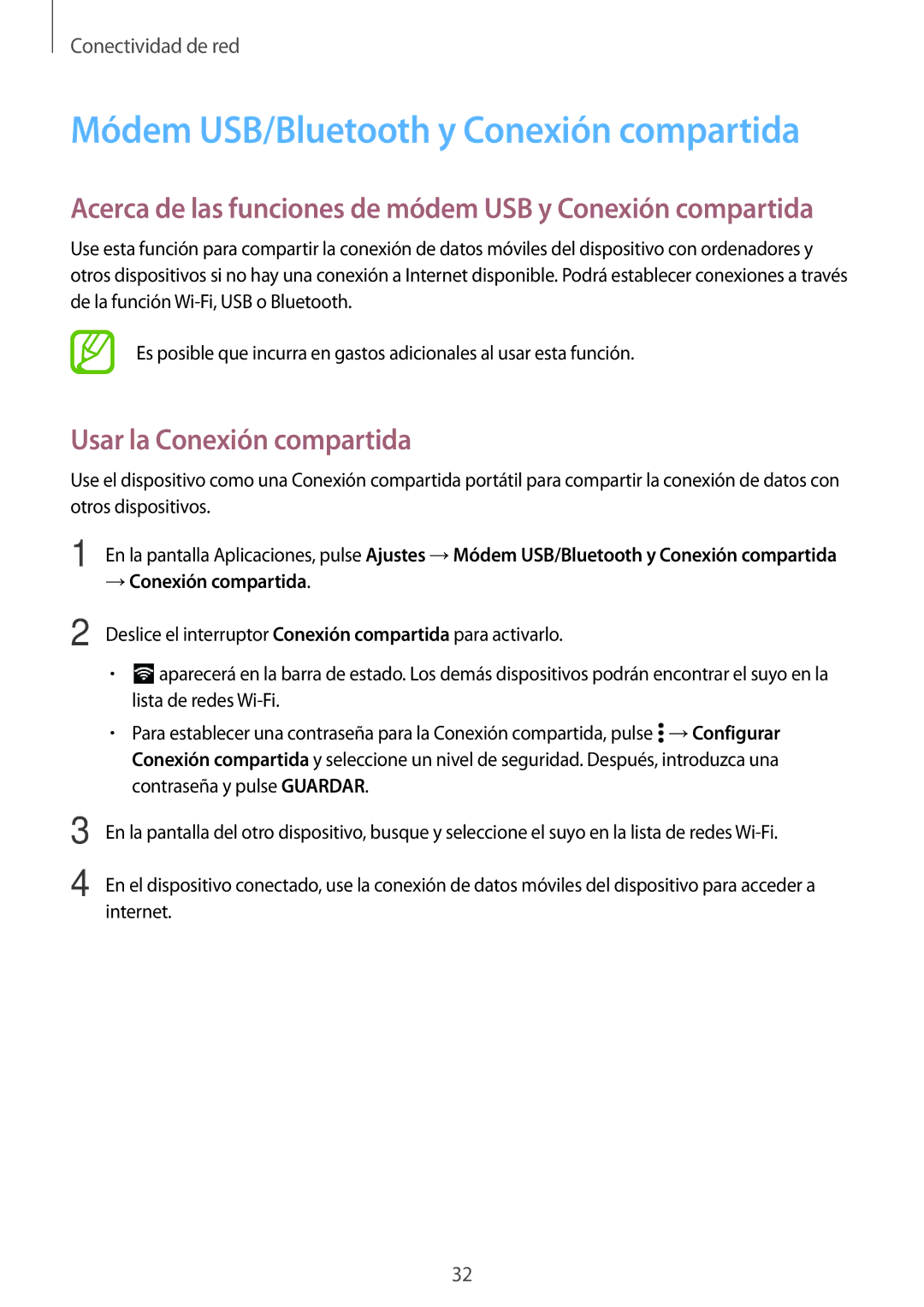 Samsung SM-G531FZWAPHE, SM-G531FZDAPHE manual Módem USB/Bluetooth y Conexión compartida, Usar la Conexión compartida 