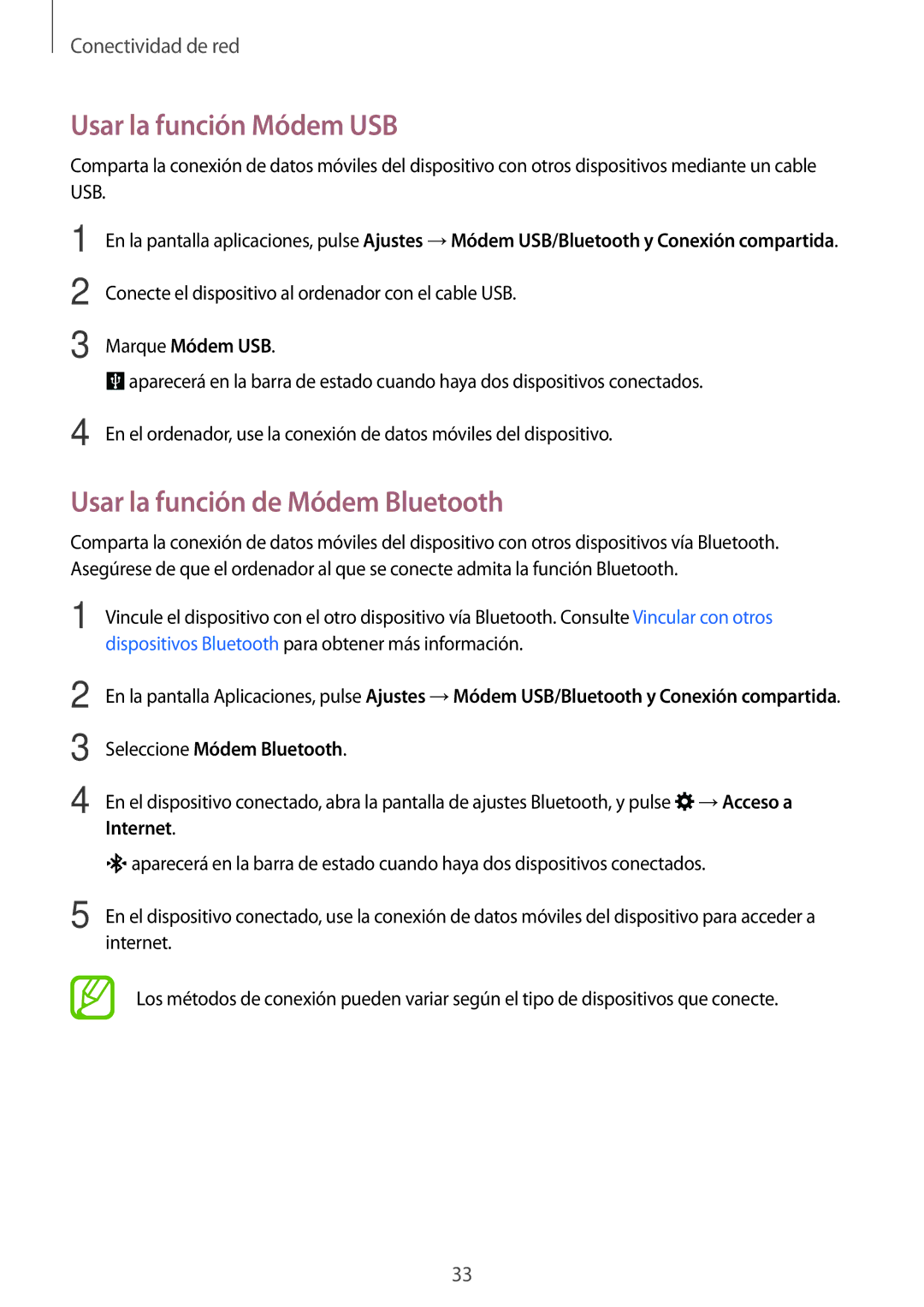 Samsung SM-G531FZDAPHE manual Usar la función Módem USB, Usar la función de Módem Bluetooth, Marque Módem USB, Internet 