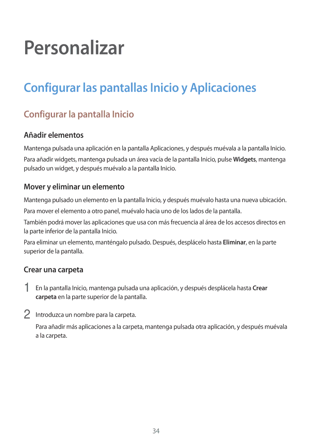 Samsung SM-G531FZWAPHE manual Personalizar, Configurar las pantallas Inicio y Aplicaciones, Configurar la pantalla Inicio 