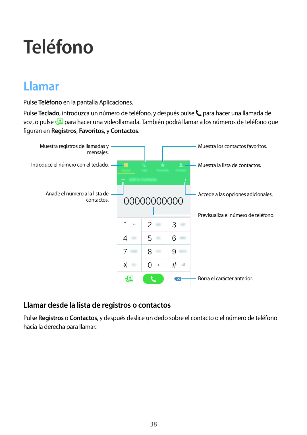 Samsung SM-G531FZWAPHE, SM-G531FZDAPHE manual Teléfono, Llamar desde la lista de registros o contactos 