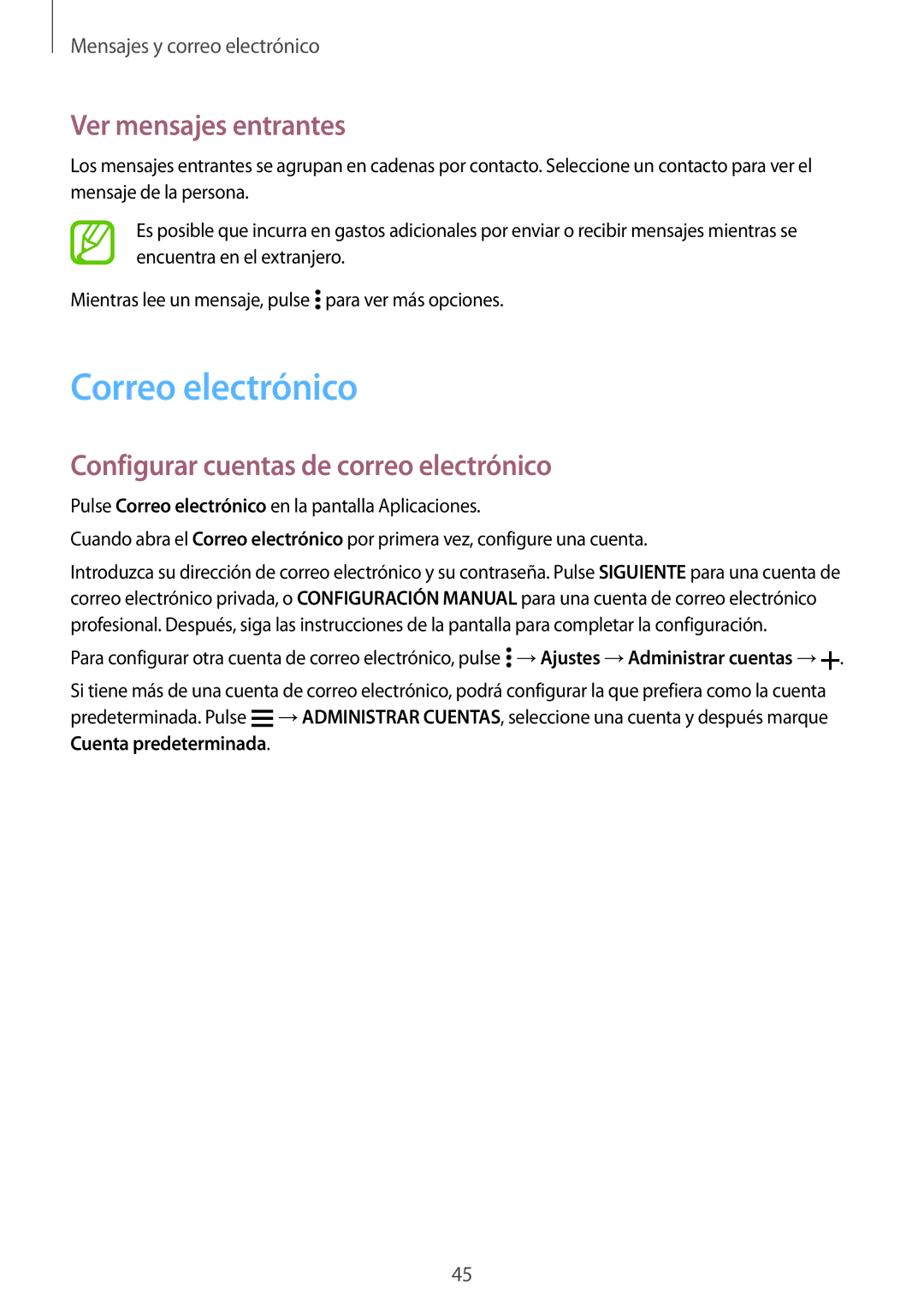 Samsung SM-G531FZDAPHE manual Correo electrónico, Ver mensajes entrantes, Configurar cuentas de correo electrónico 