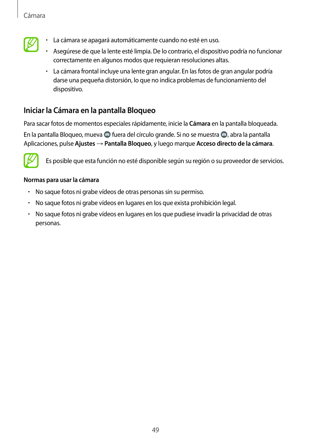 Samsung SM-G531FZDAPHE, SM-G531FZWAPHE manual Iniciar la Cámara en la pantalla Bloqueo, Normas para usar la cámara 