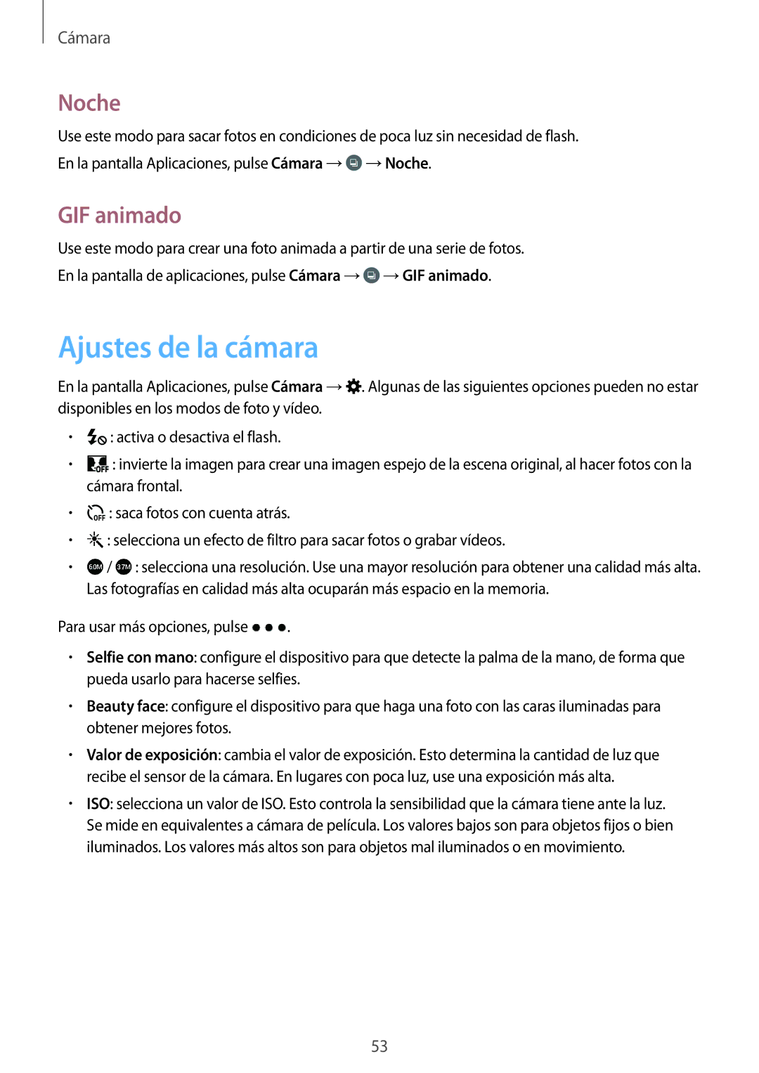 Samsung SM-G531FZDAPHE, SM-G531FZWAPHE manual Ajustes de la cámara, Noche, GIF animado 