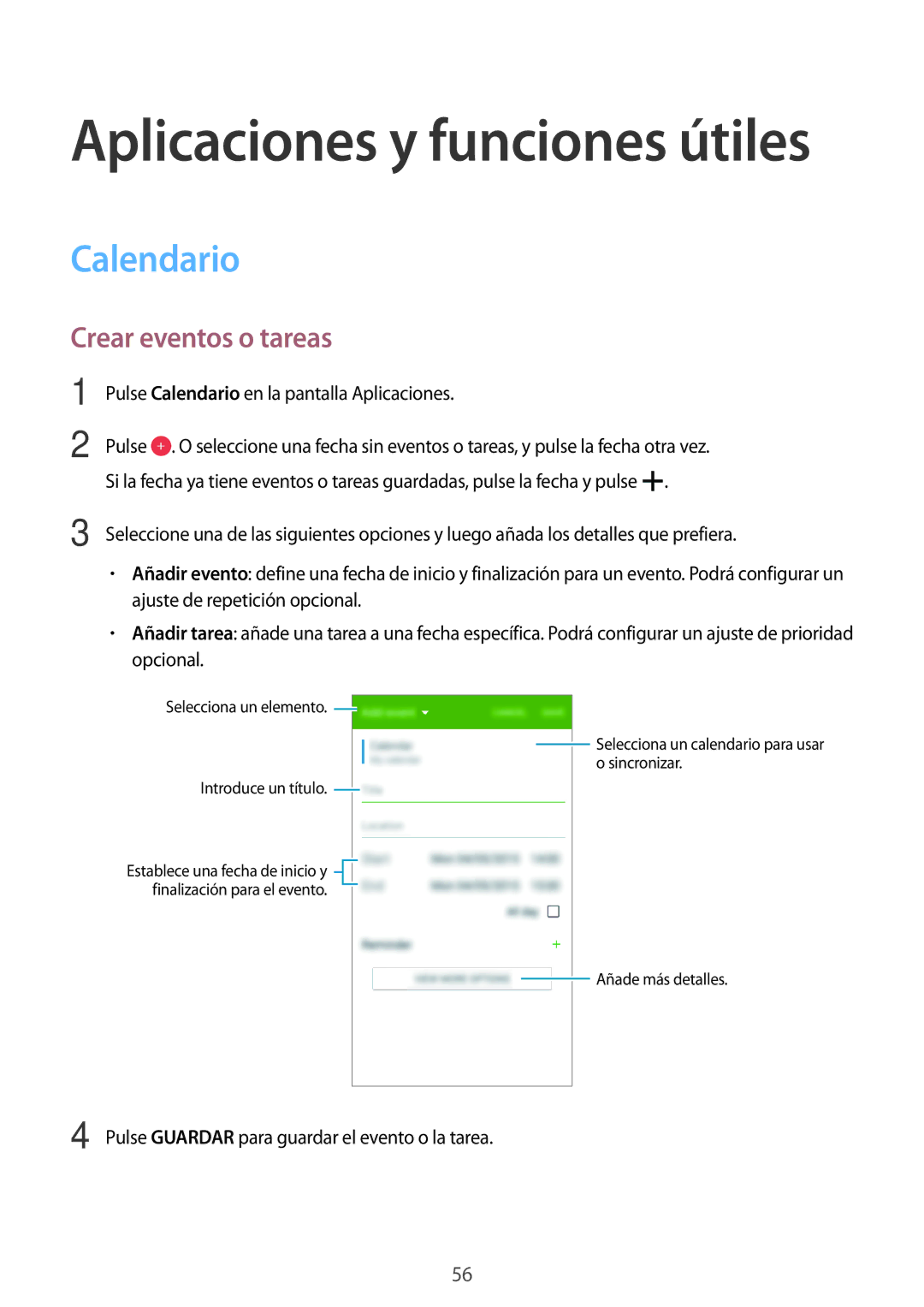 Samsung SM-G531FZWAPHE, SM-G531FZDAPHE manual Calendario, Crear eventos o tareas 