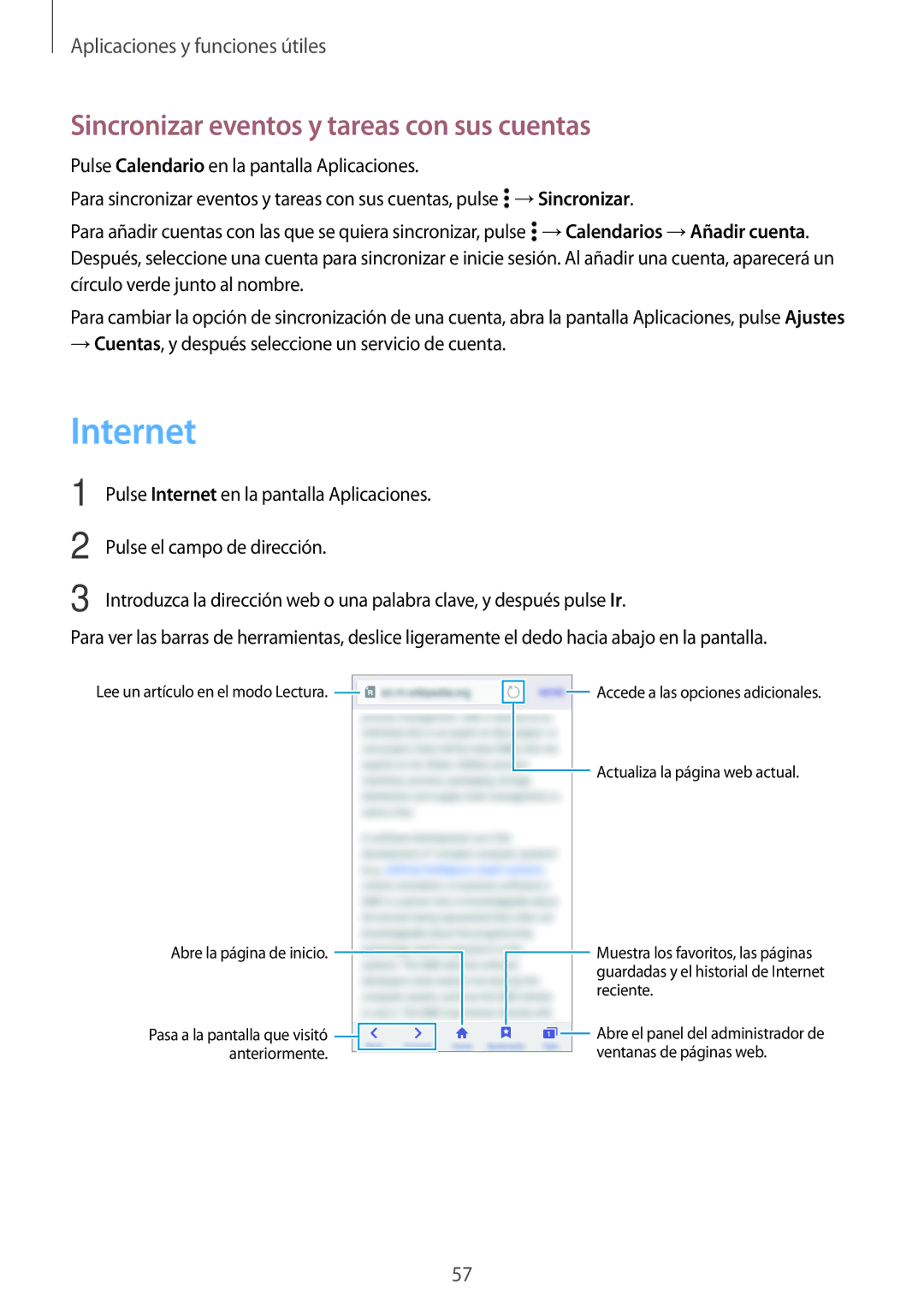 Samsung SM-G531FZDAPHE, SM-G531FZWAPHE manual Internet, Sincronizar eventos y tareas con sus cuentas 