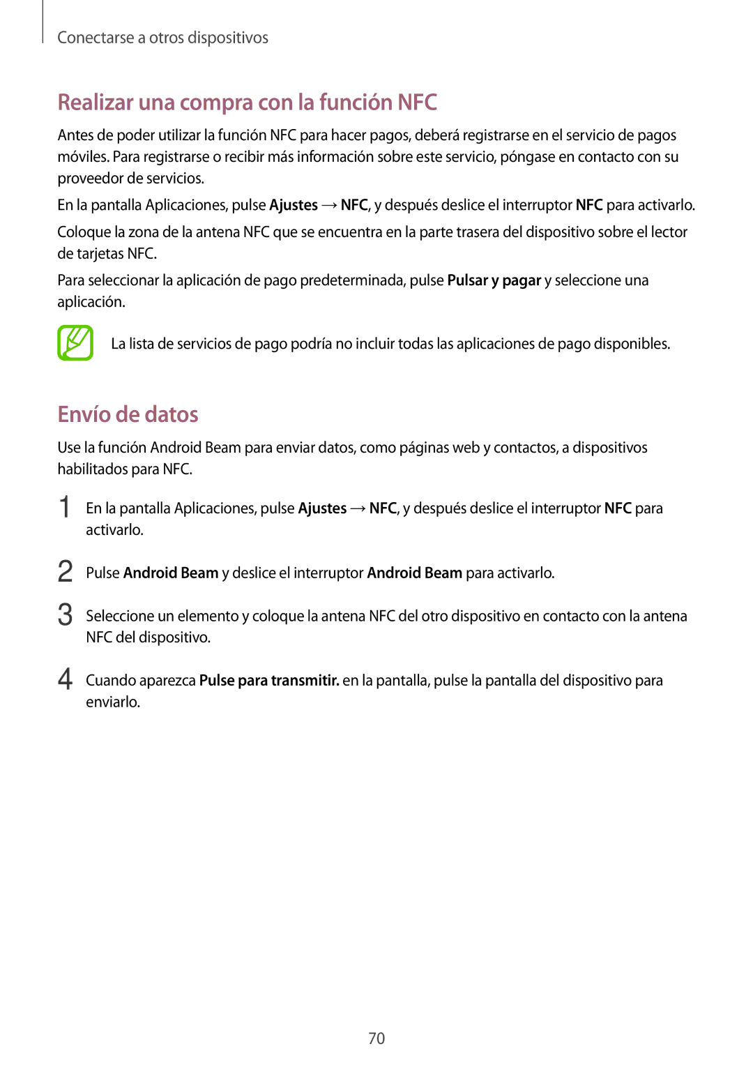 Samsung SM-G531FZWAPHE, SM-G531FZDAPHE manual Realizar una compra con la función NFC, Envío de datos 