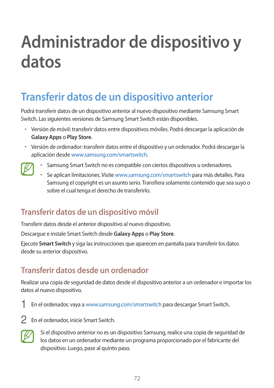 Samsung SM-G531FZWAPHE, SM-G531FZDAPHE Administrador de dispositivo y datos, Transferir datos de un dispositivo anterior 