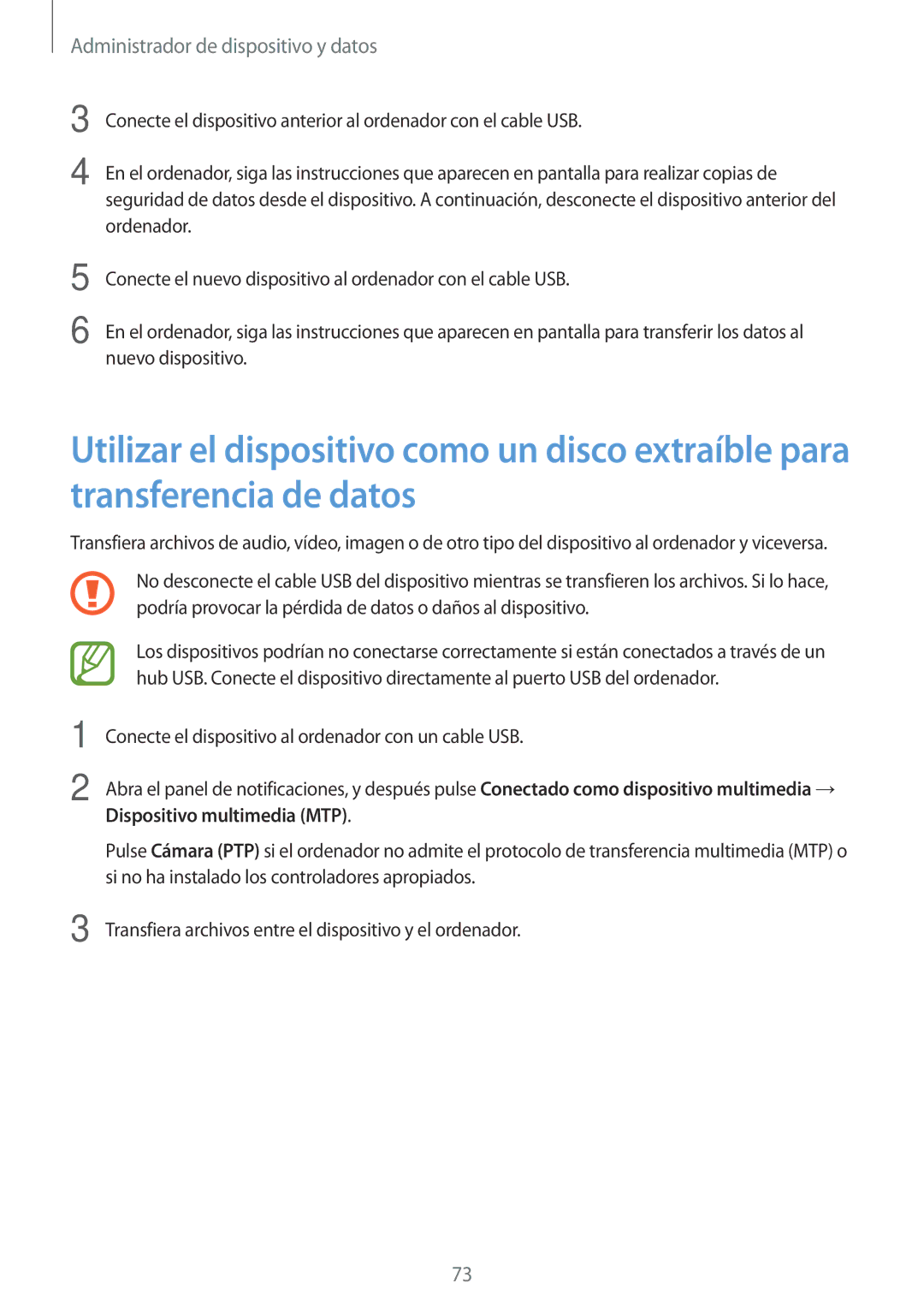 Samsung SM-G531FZDAPHE, SM-G531FZWAPHE manual Administrador de dispositivo y datos, Dispositivo multimedia MTP 