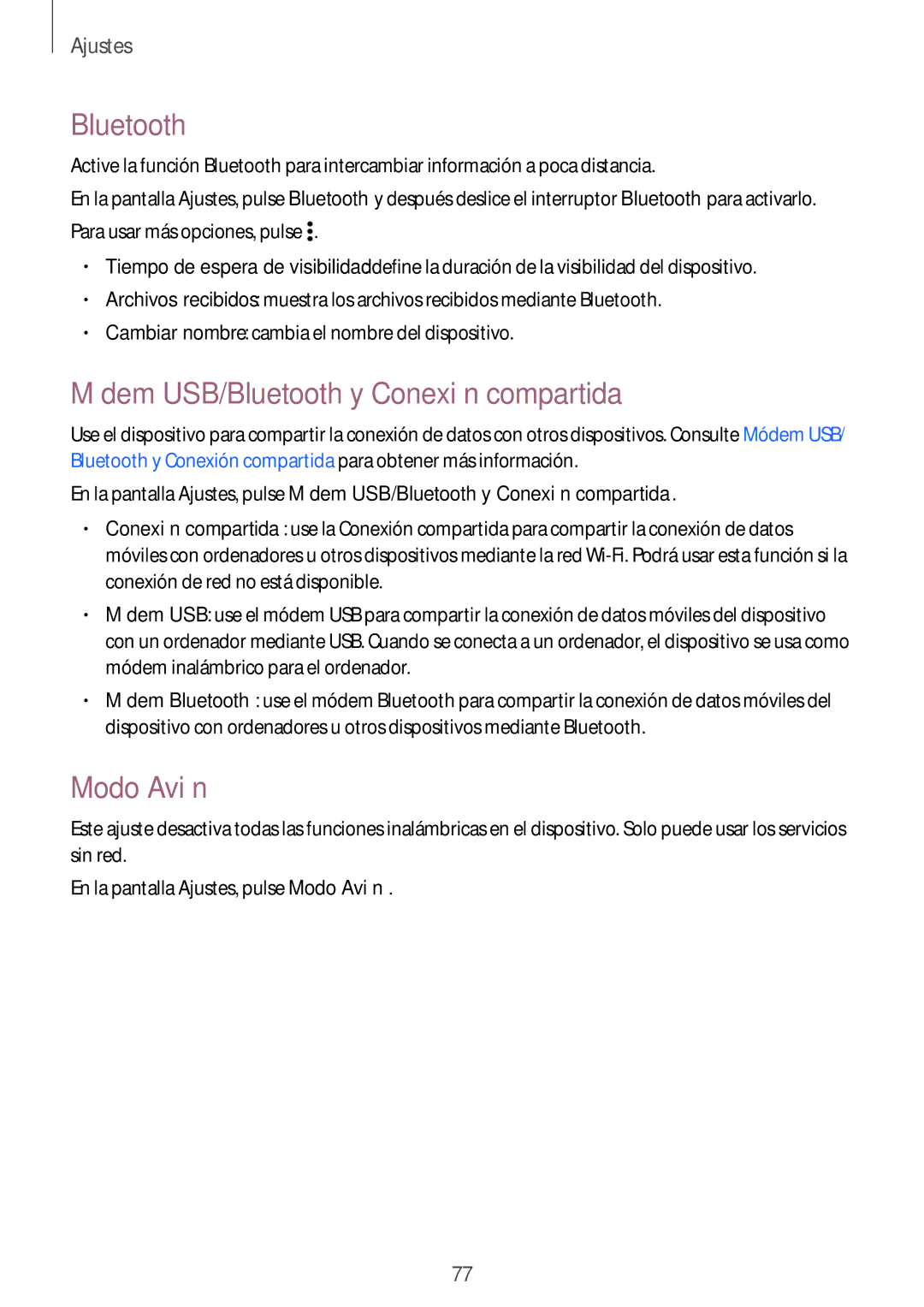 Samsung SM-G531FZDAPHE, SM-G531FZWAPHE manual Módem USB/Bluetooth y Conexión compartida, Modo Avión 