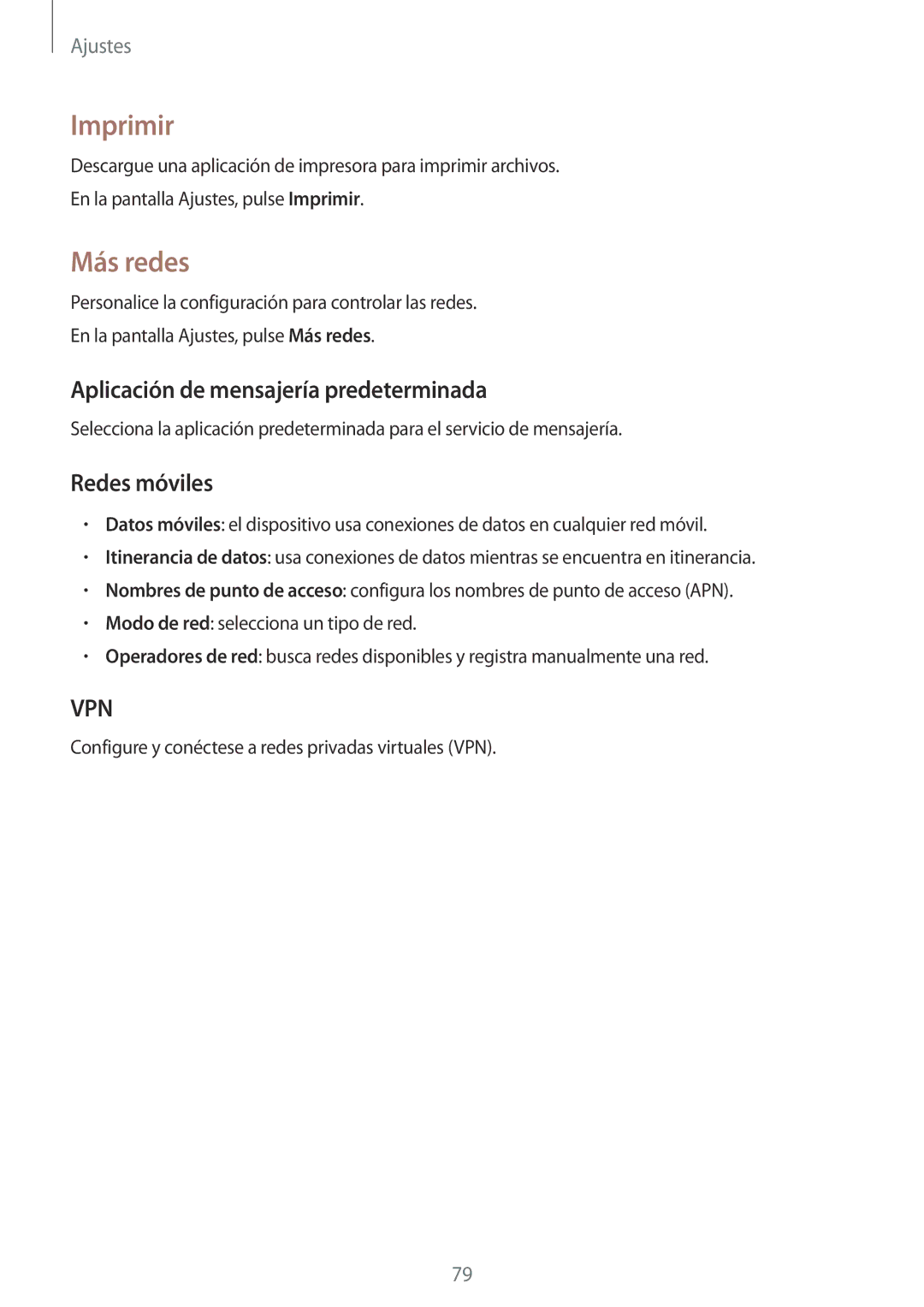 Samsung SM-G531FZDAPHE, SM-G531FZWAPHE manual Imprimir, Más redes, Aplicación de mensajería predeterminada, Redes móviles 