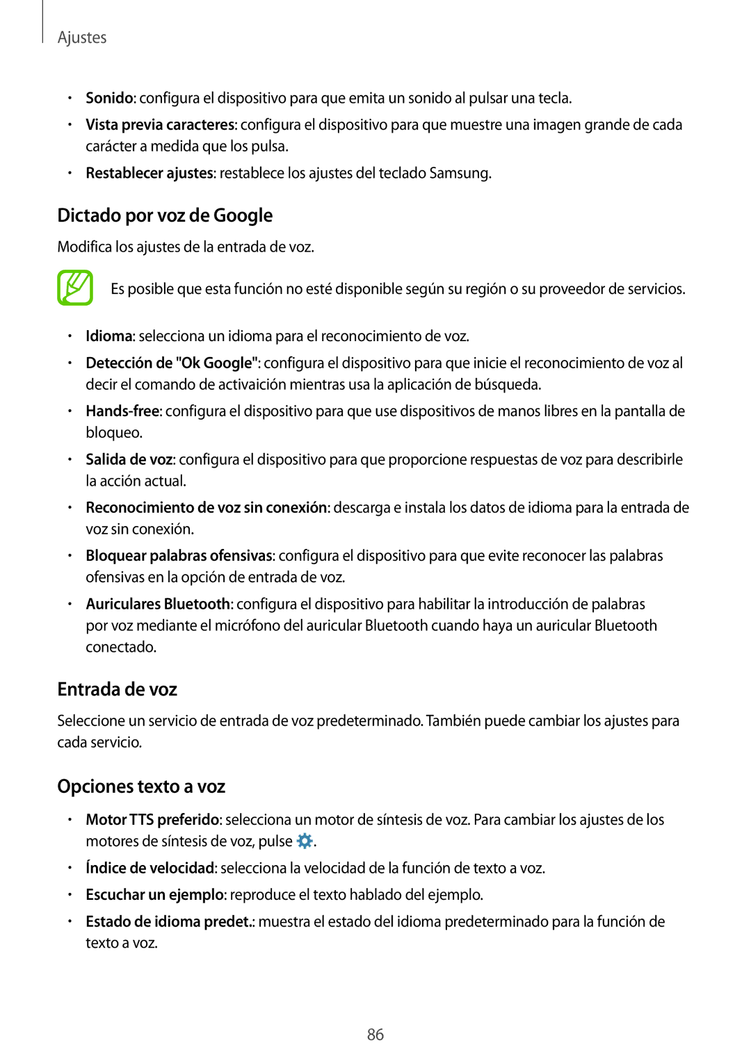 Samsung SM-G531FZWAPHE, SM-G531FZDAPHE manual Dictado por voz de Google, Entrada de voz, Opciones texto a voz 