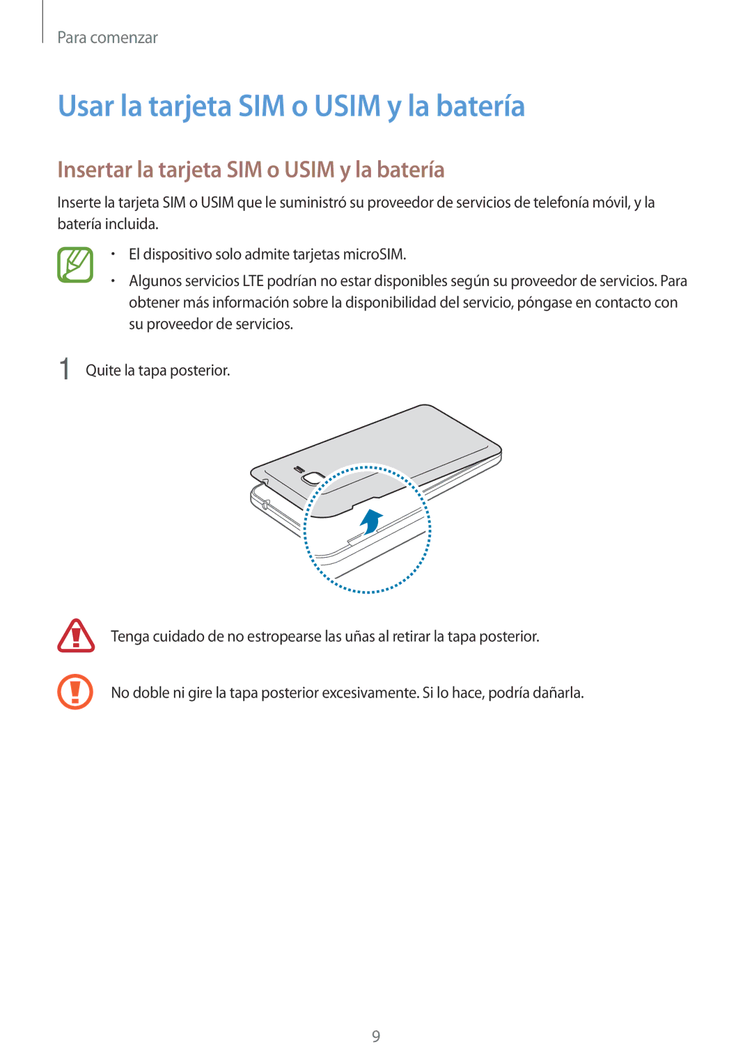 Samsung SM-G531FZDAPHE manual Usar la tarjeta SIM o Usim y la batería, Insertar la tarjeta SIM o Usim y la batería 