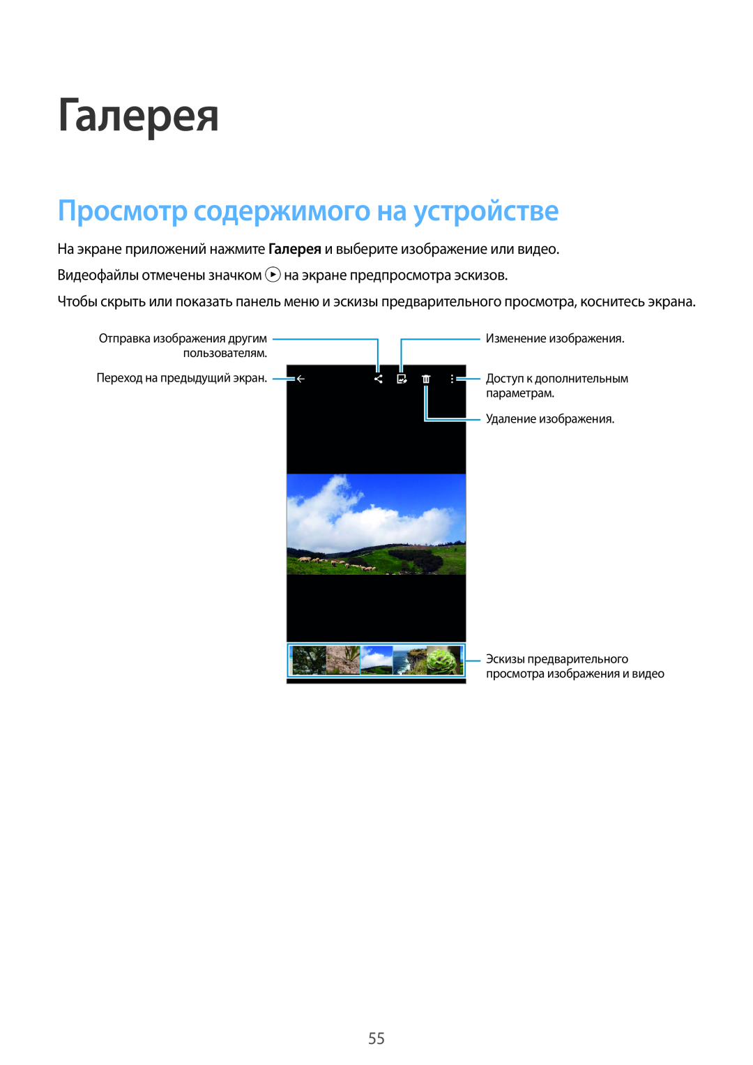 Samsung SM-G531FZAASEB Галерея, Просмотр содержимого на устройстве, Переход на предыдущий экран, Изменение изображения 