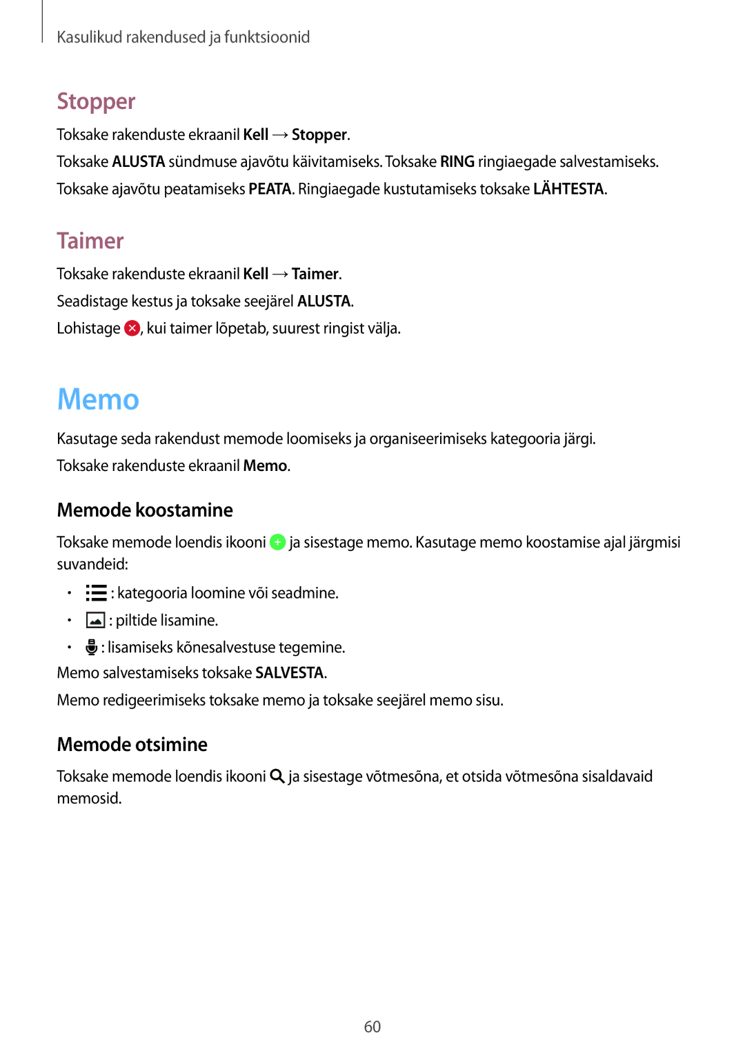 Samsung SM-G531FZWASEB, SM-G531FZAASEB, SM-G531FZDASEB manual Stopper, Taimer, Memode koostamine, Memode otsimine 