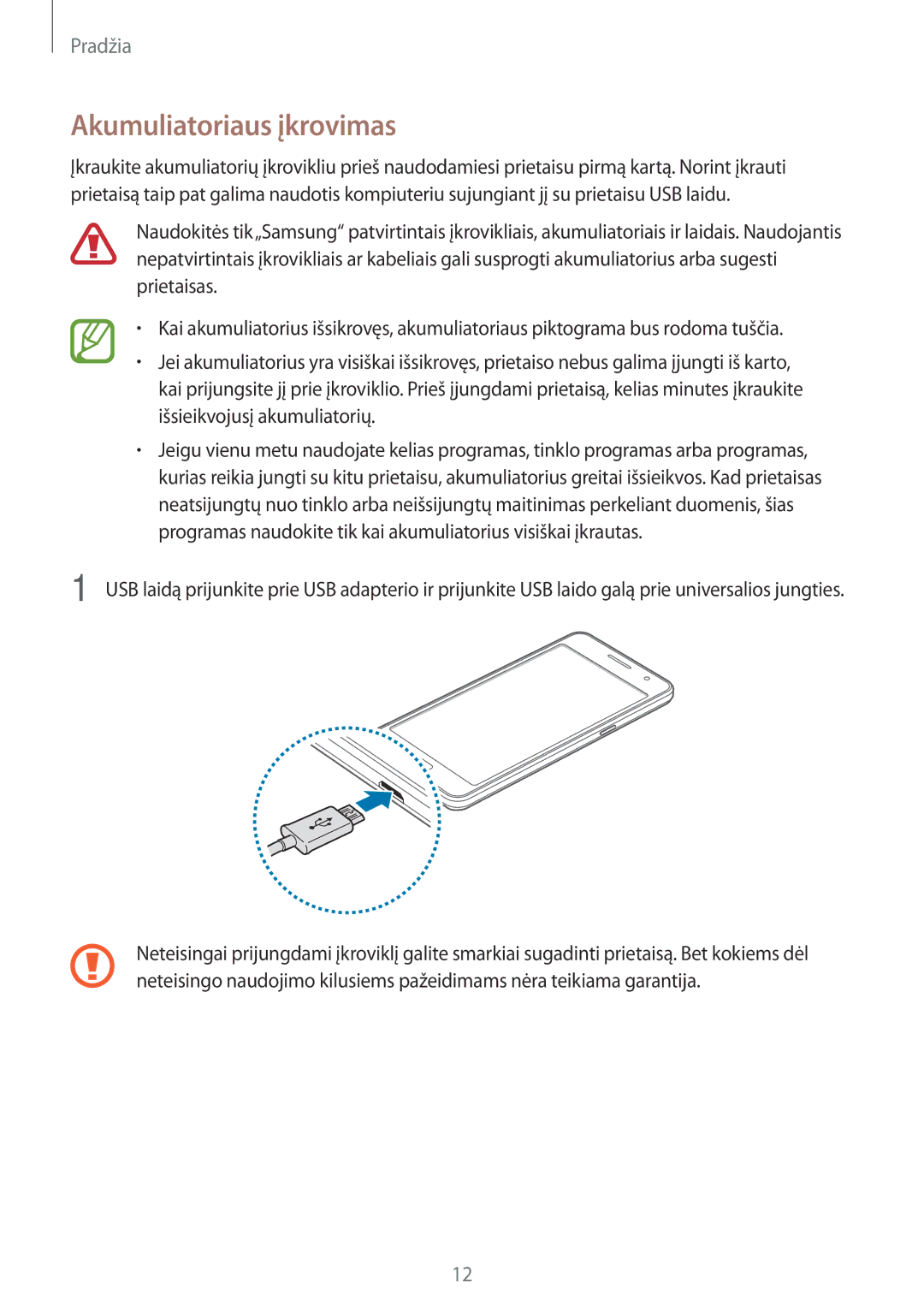 Samsung SM-G531FZWASEB, SM-G531FZAASEB, SM-G531FZDASEB manual Akumuliatoriaus įkrovimas, Išsieikvojusį akumuliatorių 