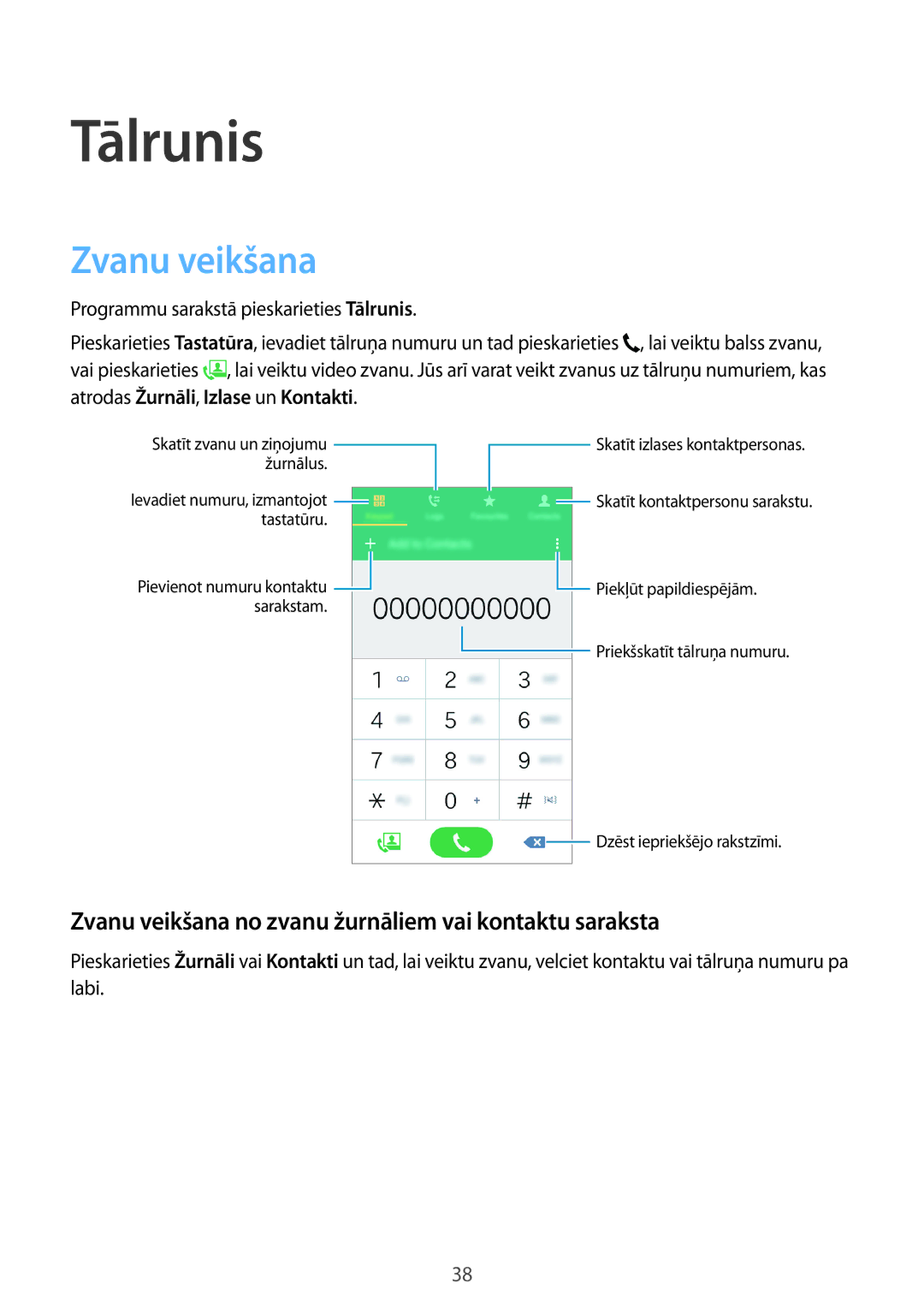 Samsung SM-G531FZDASEB, SM-G531FZWASEB manual Tālrunis, Zvanu veikšana no zvanu žurnāliem vai kontaktu saraksta 