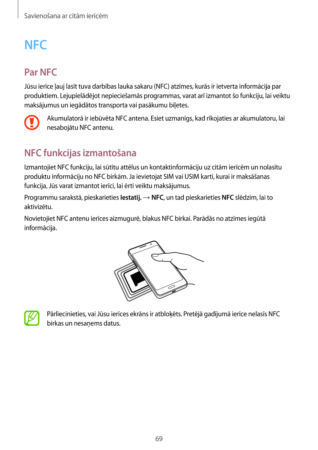 Samsung SM-G531FZWASEB, SM-G531FZAASEB, SM-G531FZDASEB manual Par NFC, NFC funkcijas izmantošana 