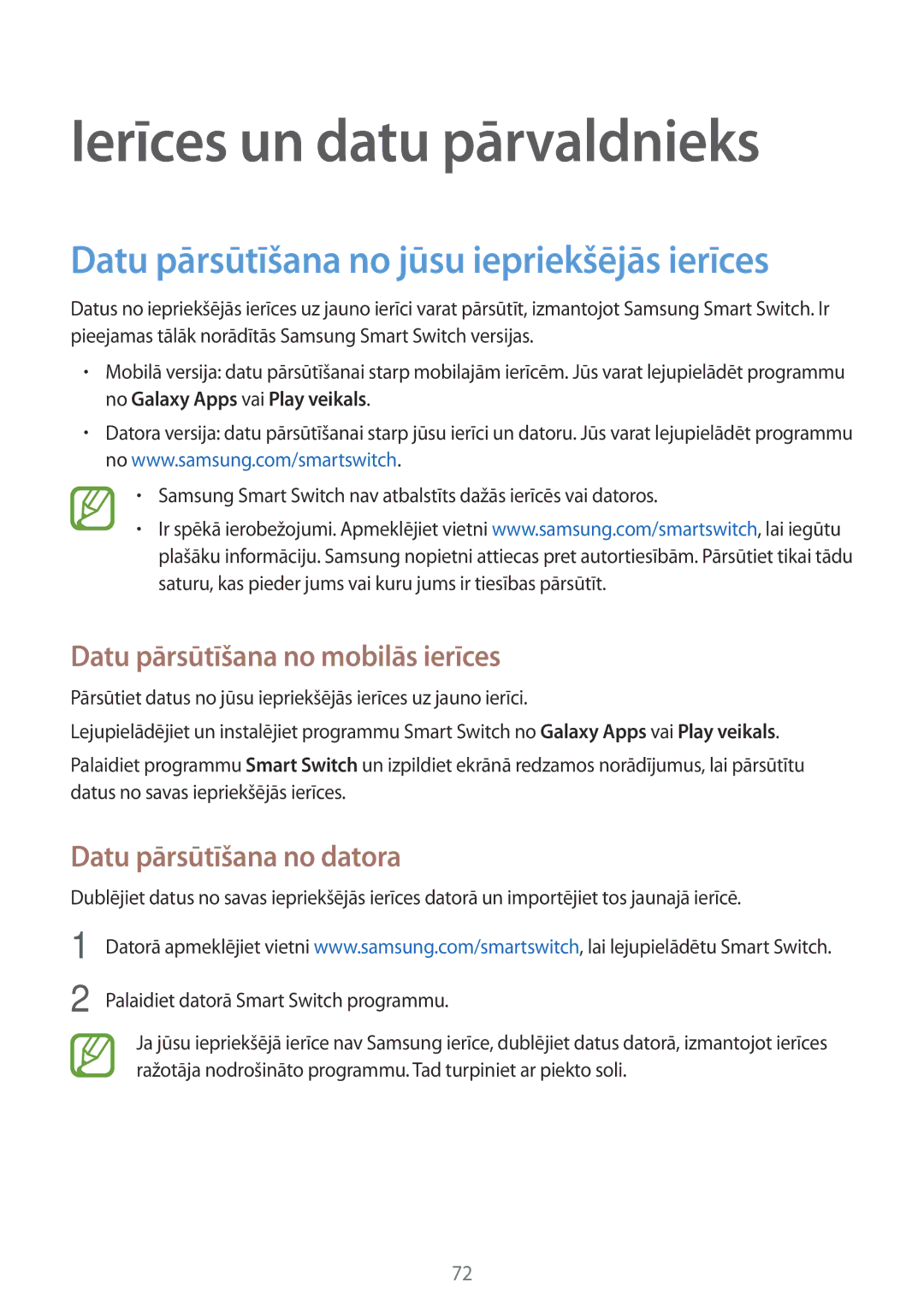 Samsung SM-G531FZWASEB, SM-G531FZAASEB manual Ierīces un datu pārvaldnieks, Datu pārsūtīšana no jūsu iepriekšējās ierīces 