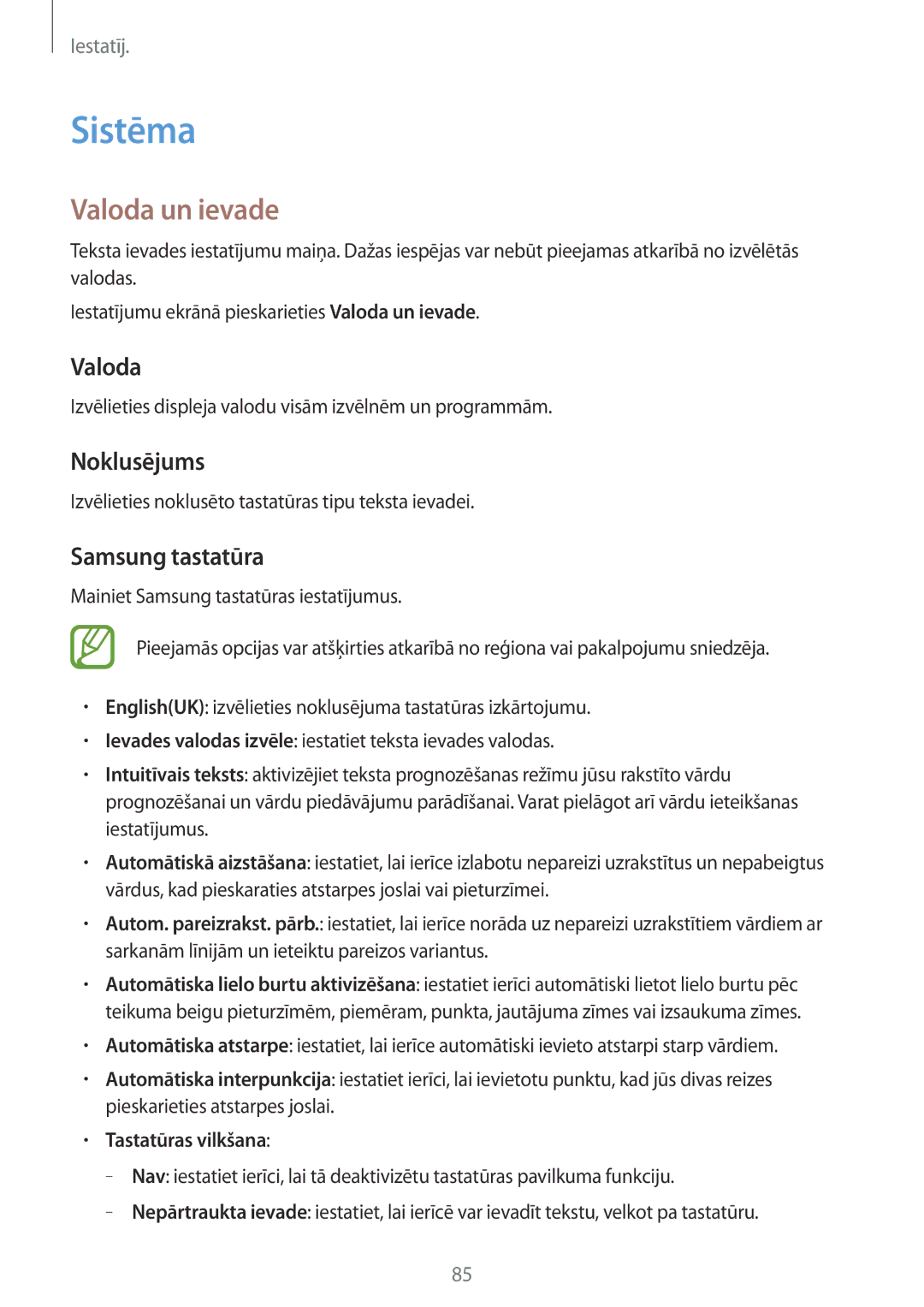 Samsung SM-G531FZAASEB, SM-G531FZWASEB, SM-G531FZDASEB manual Sistēma, Valoda un ievade, Noklusējums, Samsung tastatūra 