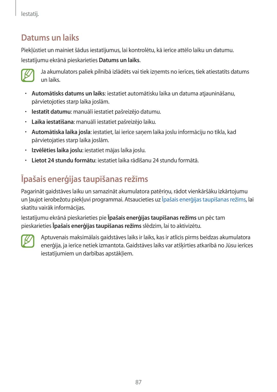 Samsung SM-G531FZWASEB, SM-G531FZAASEB, SM-G531FZDASEB manual Datums un laiks, Īpašais enerģijas taupīšanas režīms 