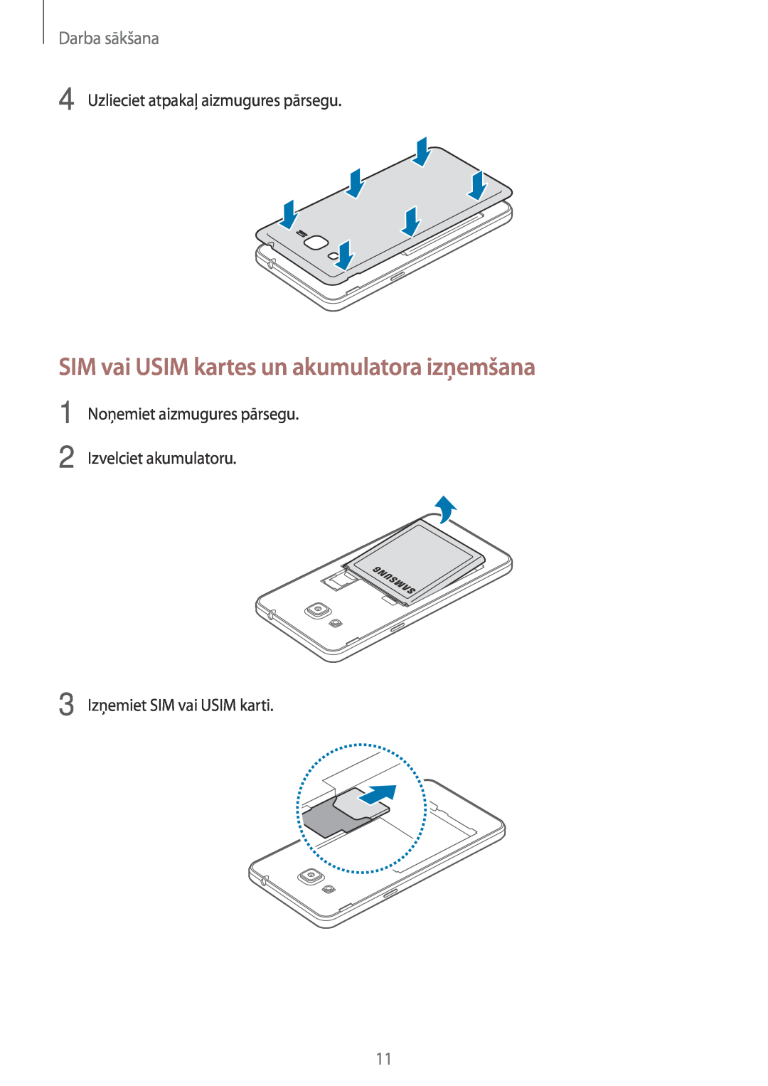 Samsung SM-G531FZDASEB SIM vai USIM kartes un akumulatora izņemšana, Darba sākšana, Uzlieciet atpakaļ aizmugures pārsegu 