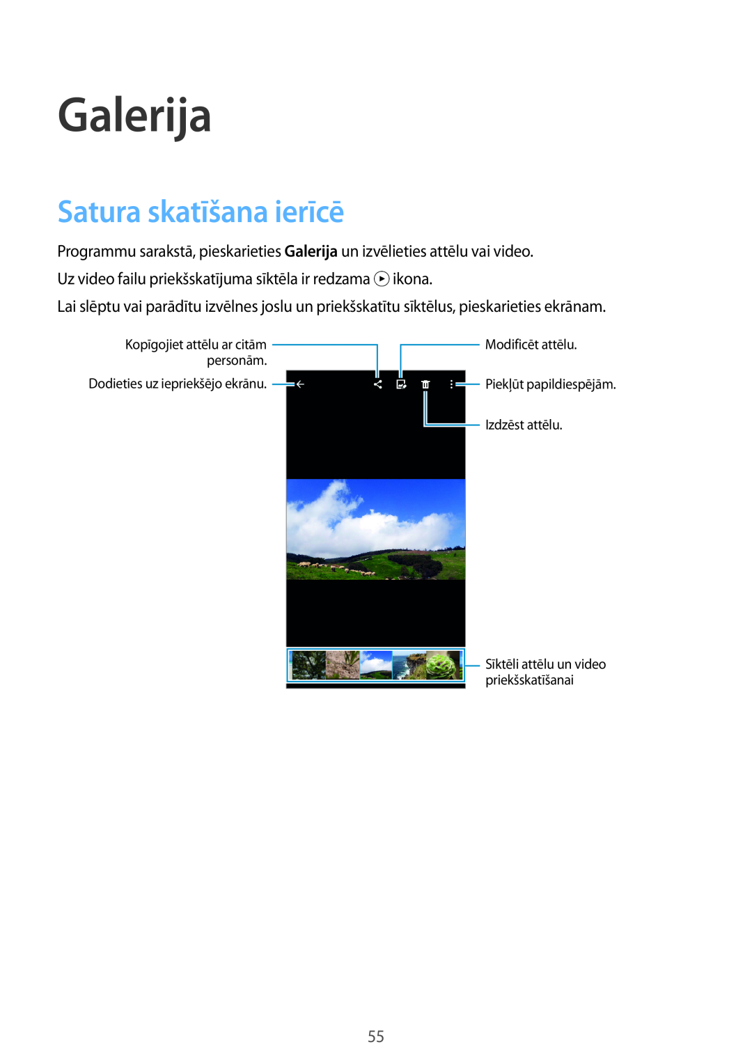 Samsung SM-G531FZAASEB manual Galerija, Satura skatīšana ierīcē, Dodieties uz iepriekšējo ekrānu, Modificēt attēlu 