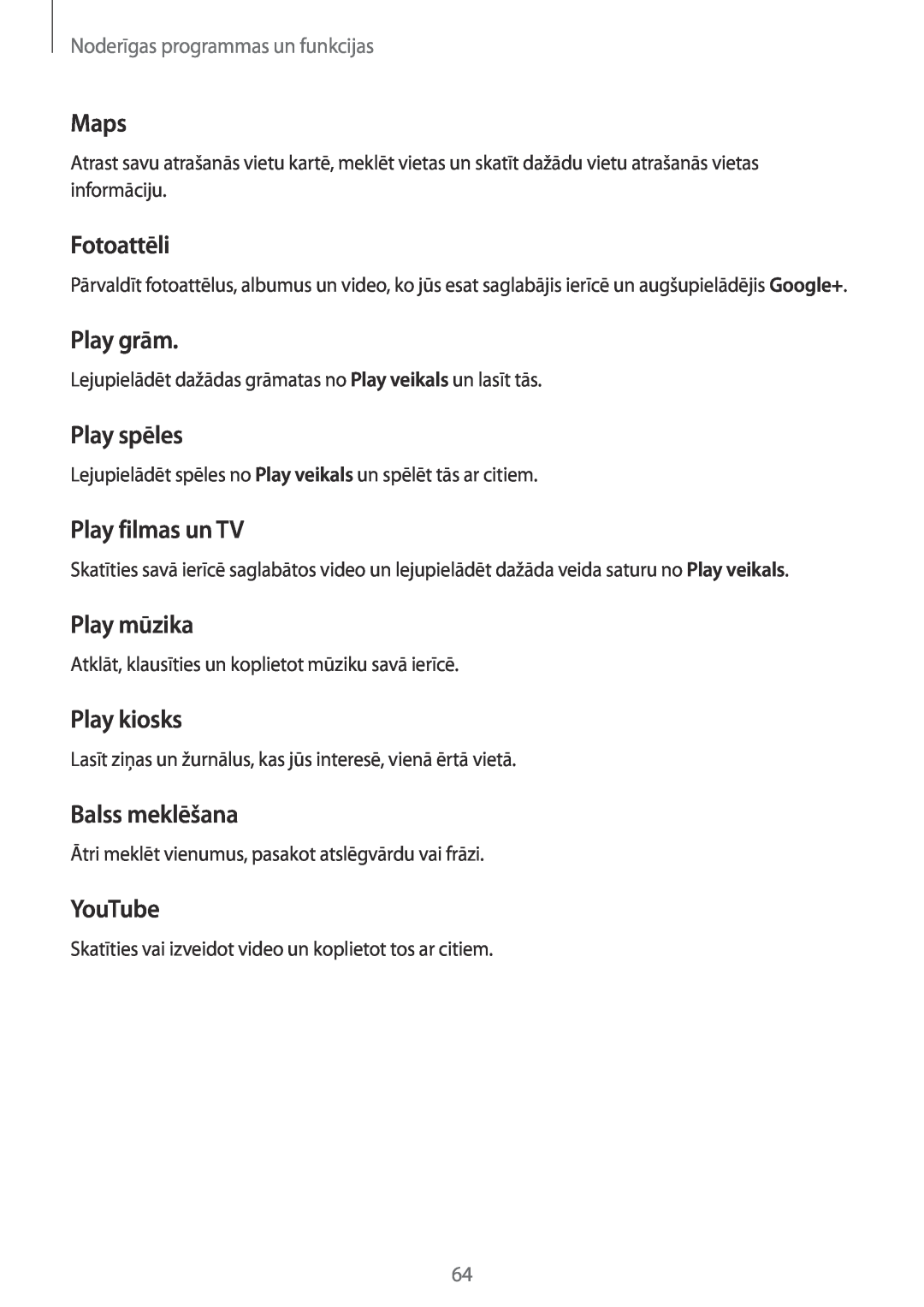 Samsung SM-G531FZAASEB Maps, Fotoattēli, Play grām, Play spēles, Play filmas un TV, Play mūzika, Play kiosks, YouTube 