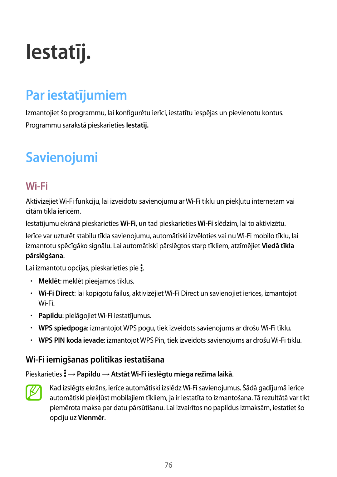 Samsung SM-G531FZAASEB manual Iestatīj, Par iestatījumiem, Savienojumi, Wi-Fi iemigšanas politikas iestatīšana 