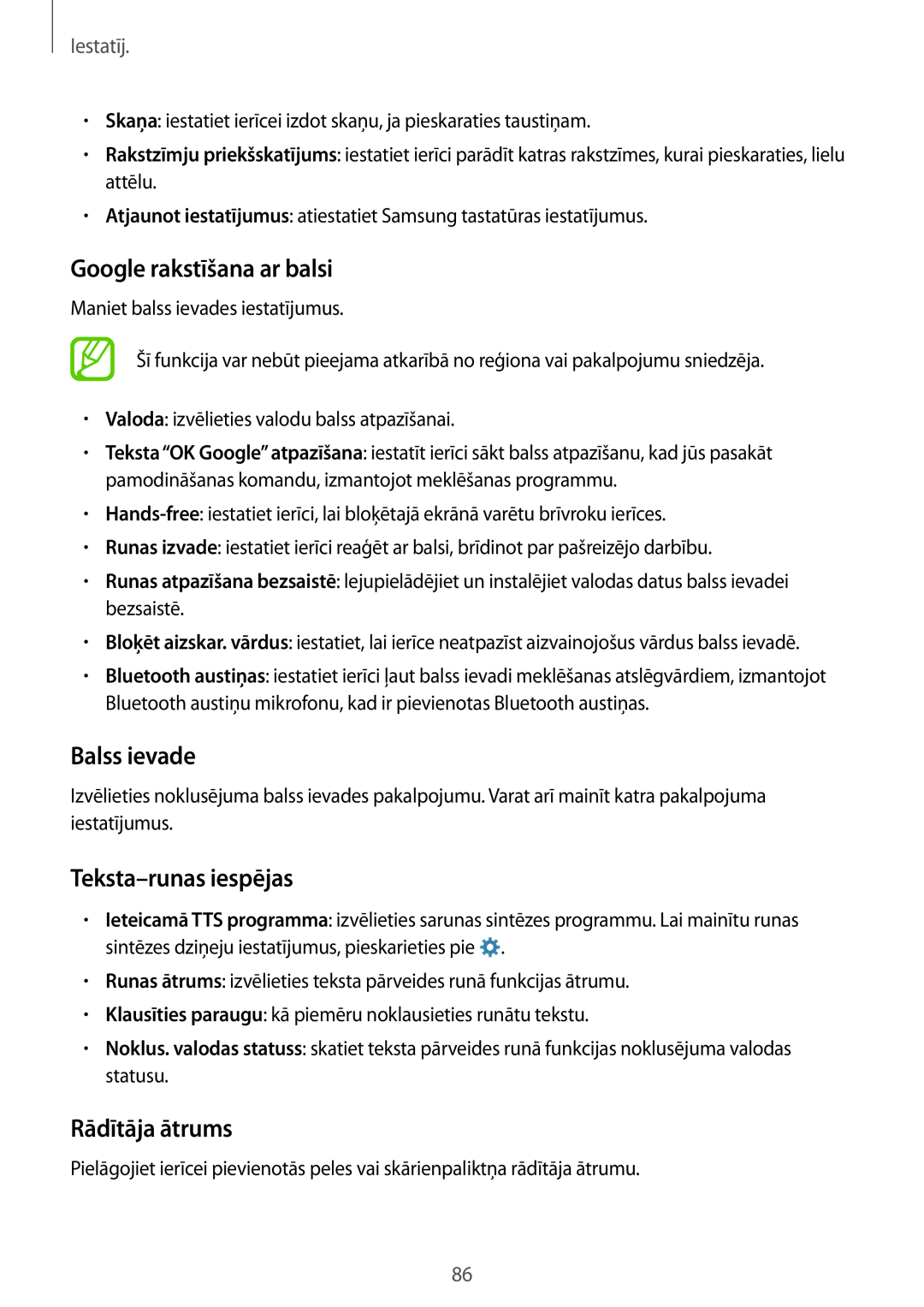 Samsung SM-G531FZDASEB manual Google rakstīšana ar balsi, Balss ievade, Teksta-runas iespējas, Rādītāja ātrums, Iestatīj 