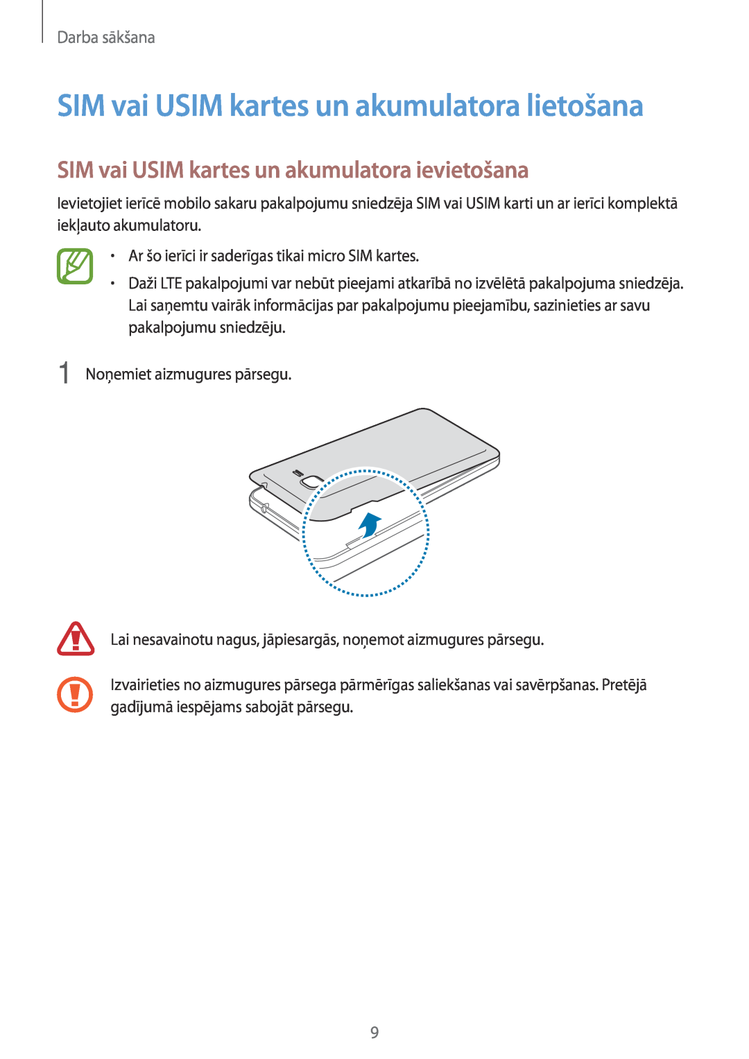 Samsung SM-G531FZWASEB manual SIM vai USIM kartes un akumulatora ievietošana, SIM vai USIM kartes un akumulatora lietošana 