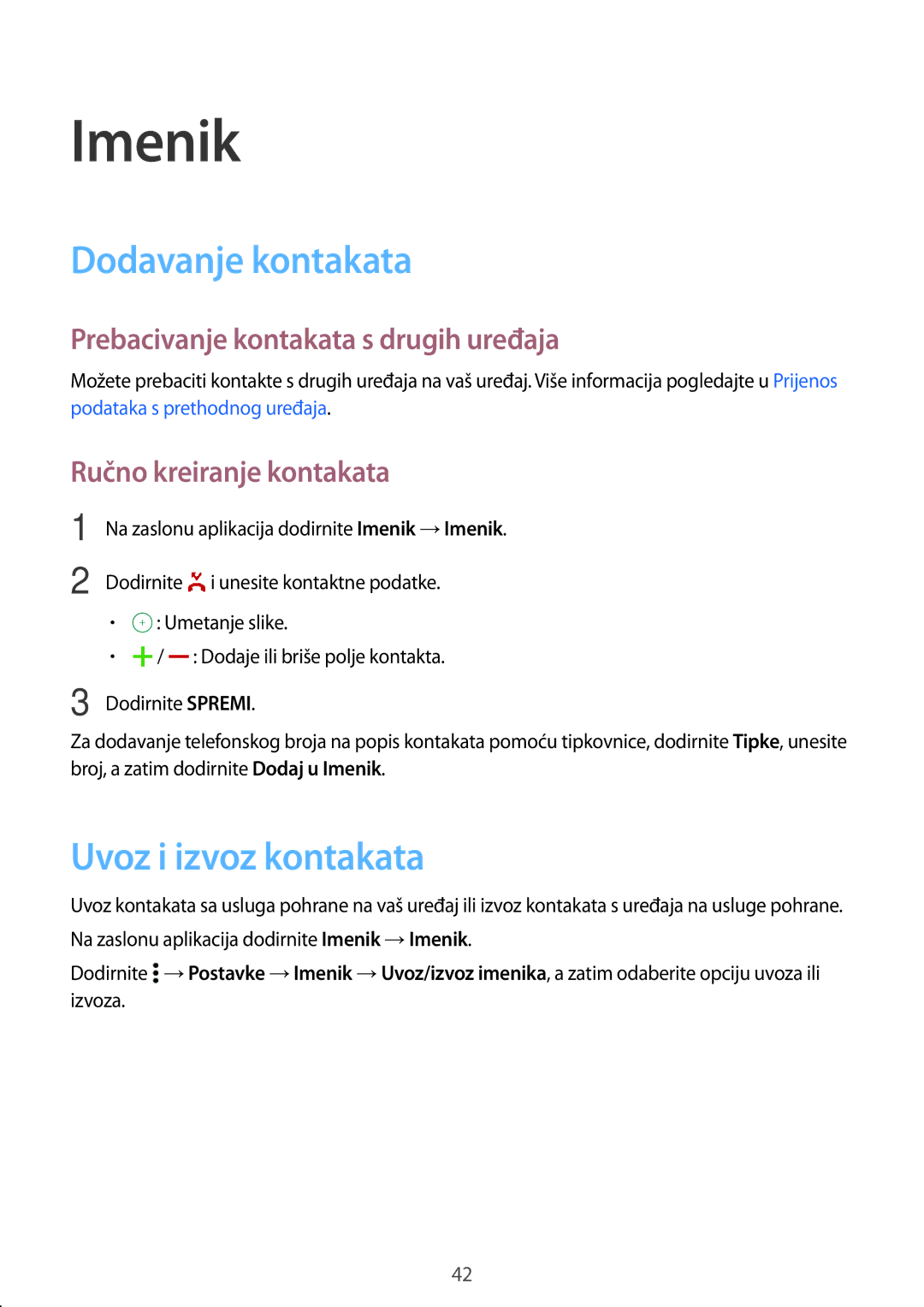 Samsung SM-G531FZDASEE manual Imenik, Dodavanje kontakata, Uvoz i izvoz kontakata, Prebacivanje kontakata s drugih uređaja 