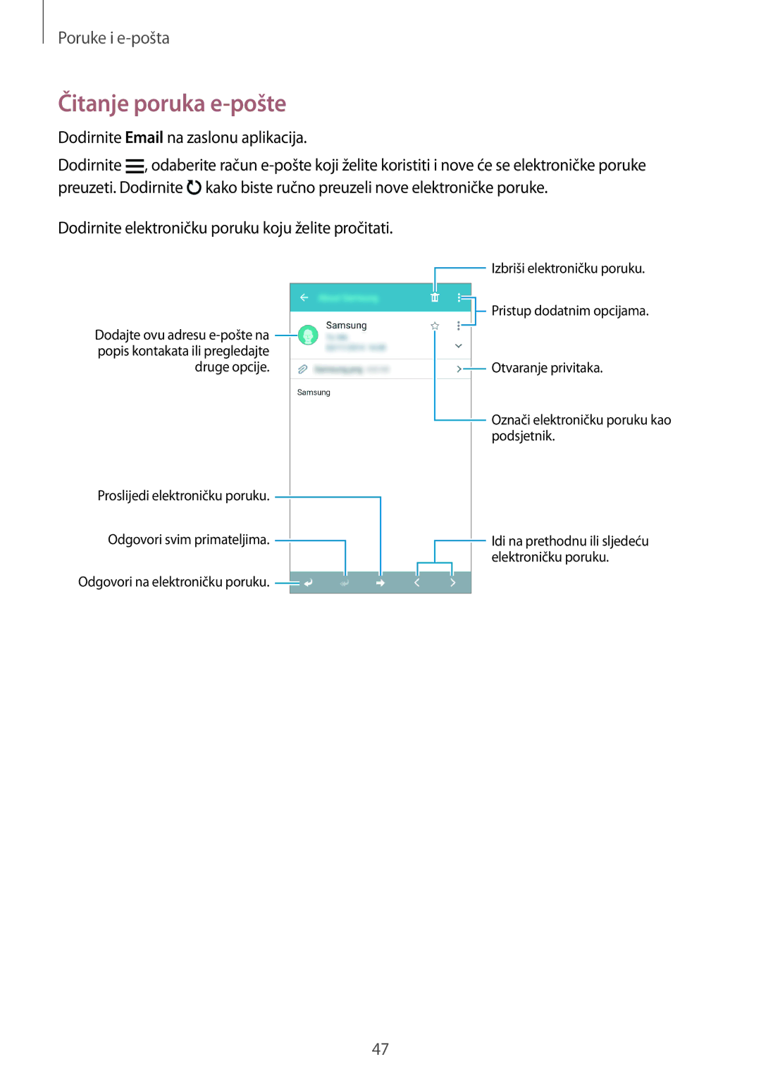 Samsung SM-G531FZAATWO, SM-G531FZWASEE, SM-G531FZAASEE manual Čitanje poruka e-pošte, Dodirnite Email na zaslonu aplikacija 