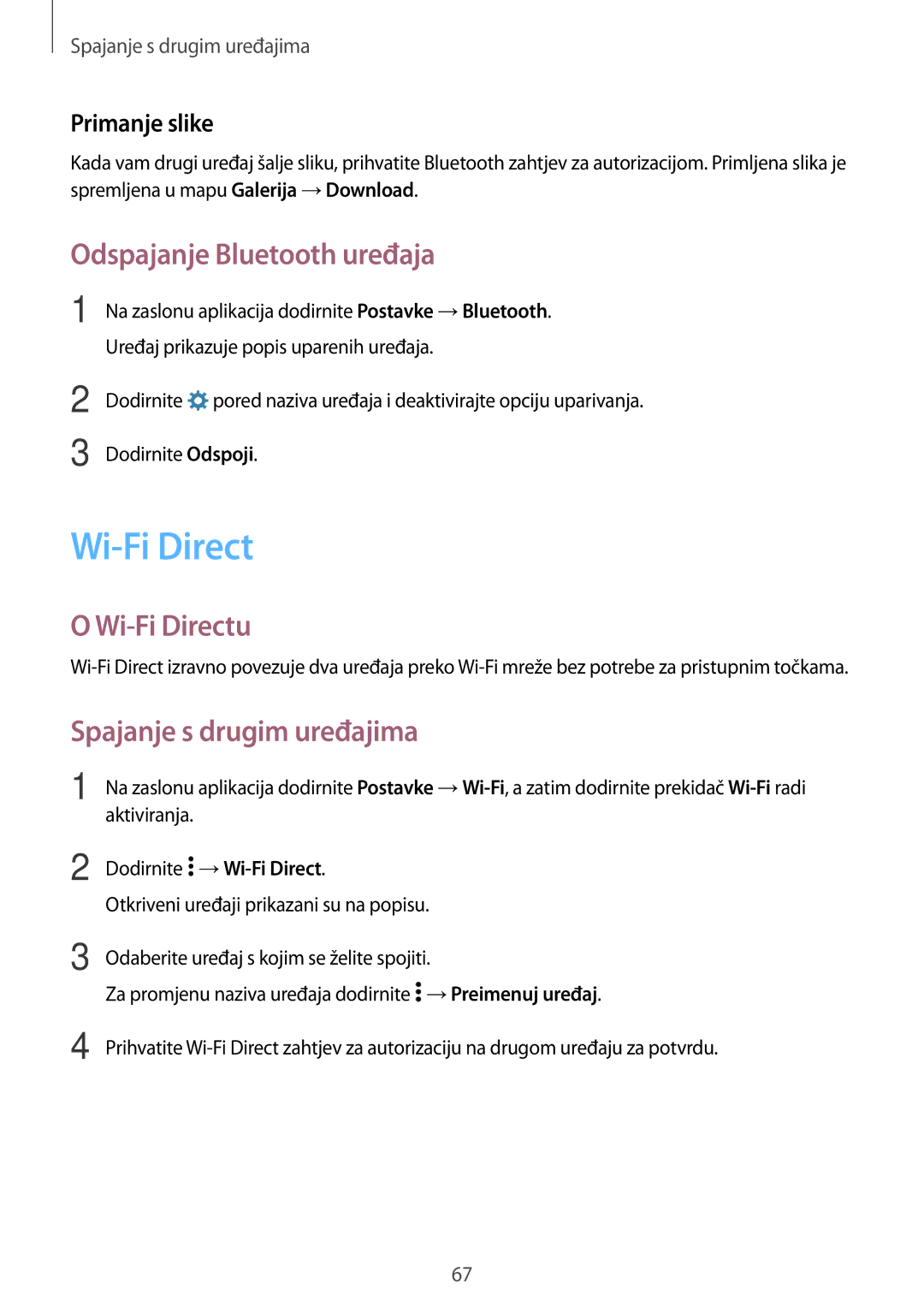 Samsung SM-G531FZAADHR manual Odspajanje Bluetooth uređaja, Wi-Fi Directu, Spajanje s drugim uređajima, Primanje slike 