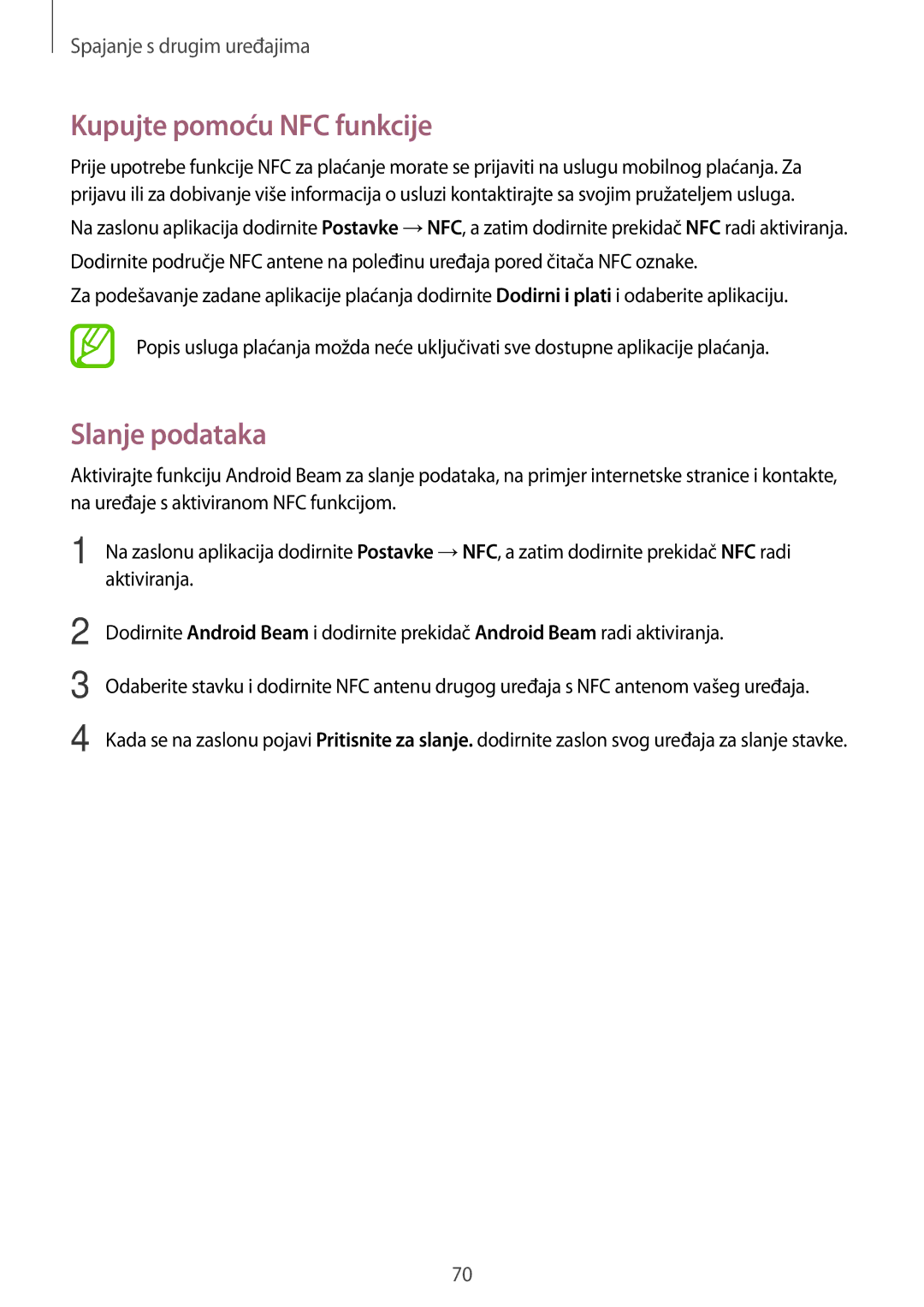 Samsung SM2G531FZWATWO, SM-G531FZWASEE, SM-G531FZAASEE, SM-G531FZDASEE manual Kupujte pomoću NFC funkcije, Slanje podataka 