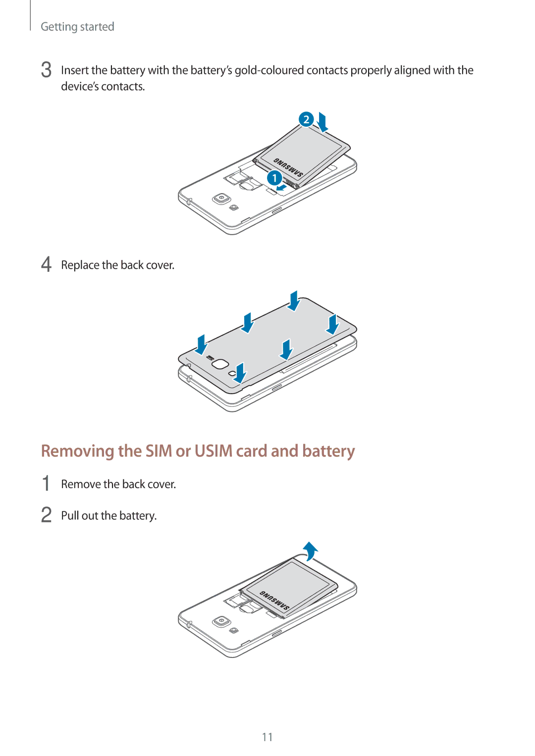 Samsung SM-G531FZWAKSA, SM-G531FZWASEE, SM-G531FZDAKSA, SM-G531FZAASEE manual Removing the SIM or Usim card and battery 