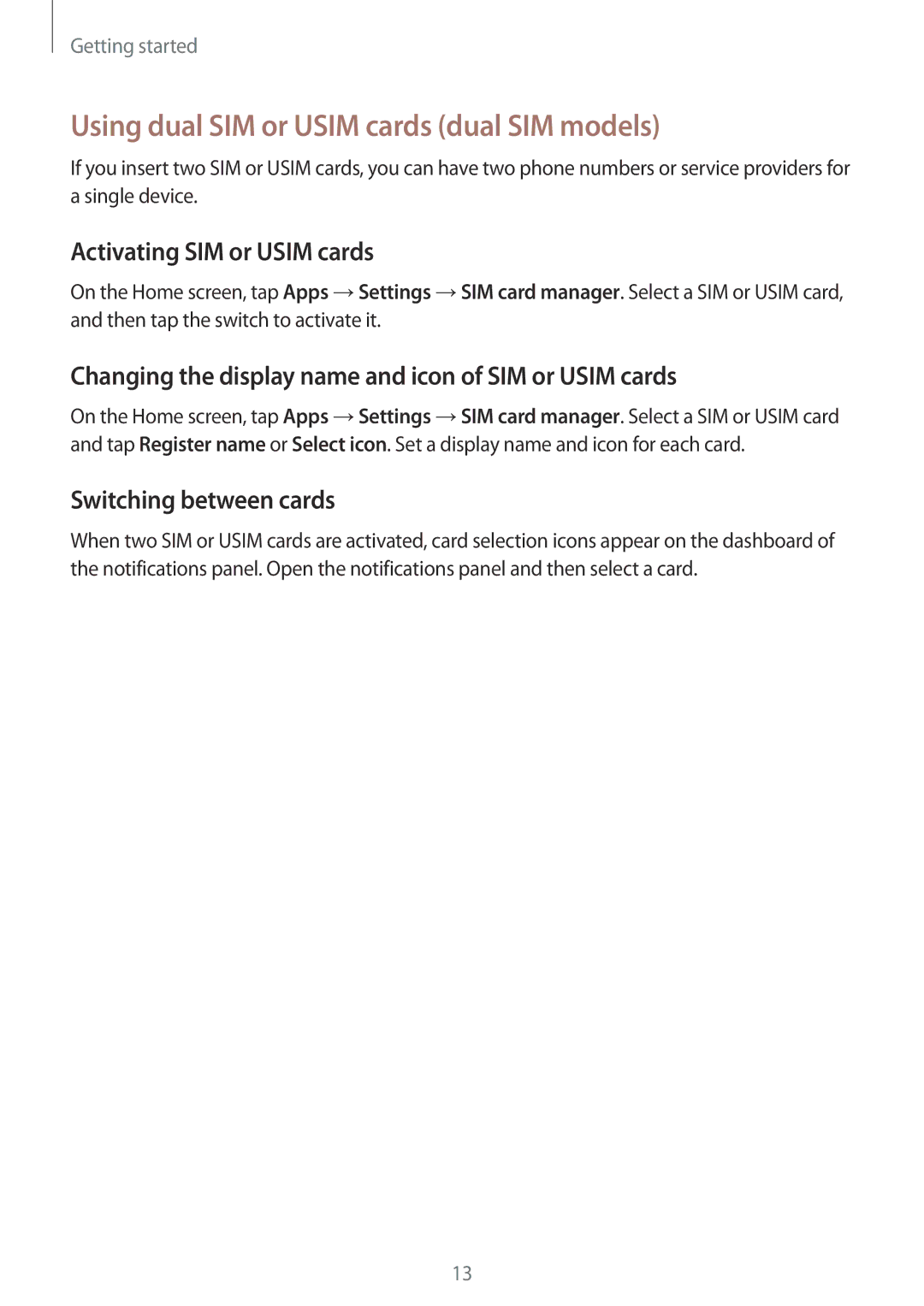 Samsung SM-G531FZDAKSA Using dual SIM or Usim cards dual SIM models, Activating SIM or Usim cards, Switching between cards 